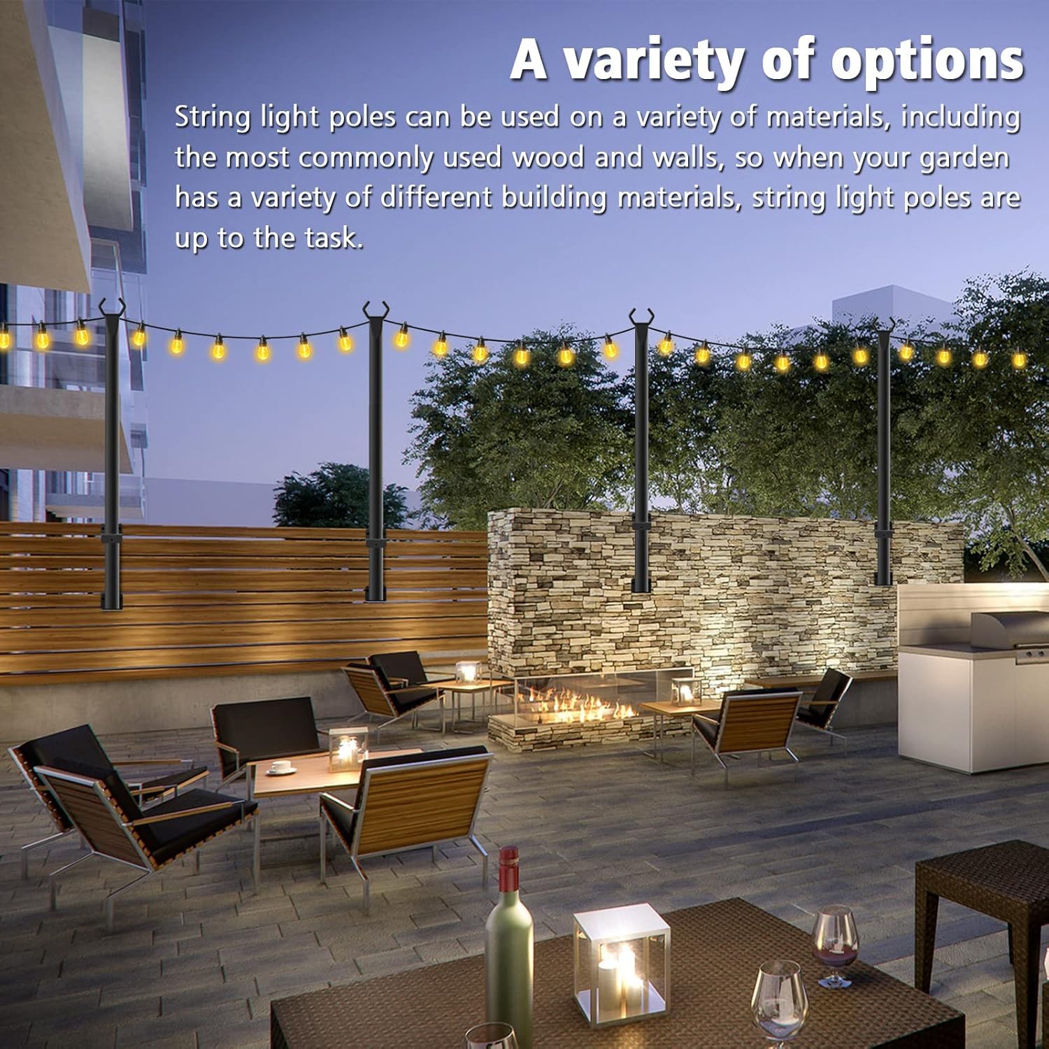 Beizelte 5Ft Outdoor String Light Poles - Black Metal Stand for Patio & Backyard, Model SLP-Beizelte, 4 Pack