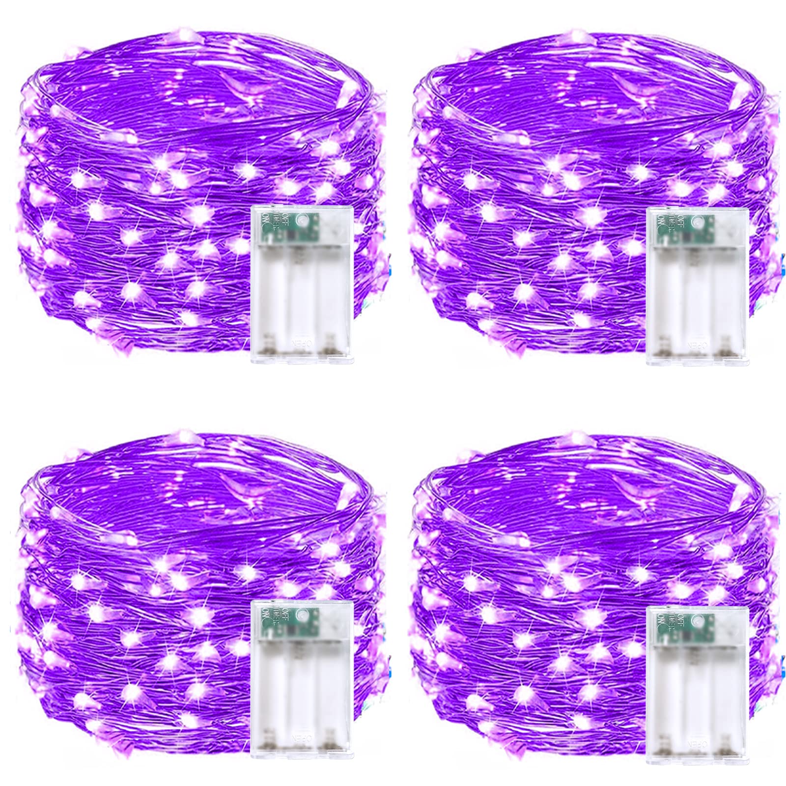 BOSSERN 4 Pack Fairy Lights 60LED Battery Operated 20FT Waterproof Indoor Outdoor Halloween Decor Purple DCHD-04-Purple
