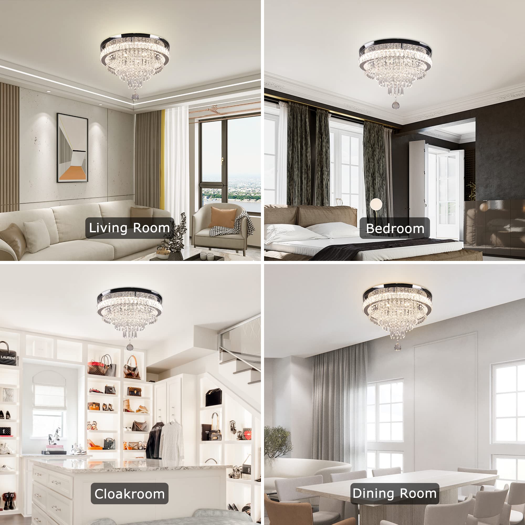 Frixchur 19.7" Crystal Chandelier Modern Led Flush Mount Light For Bedroom, Dining Room