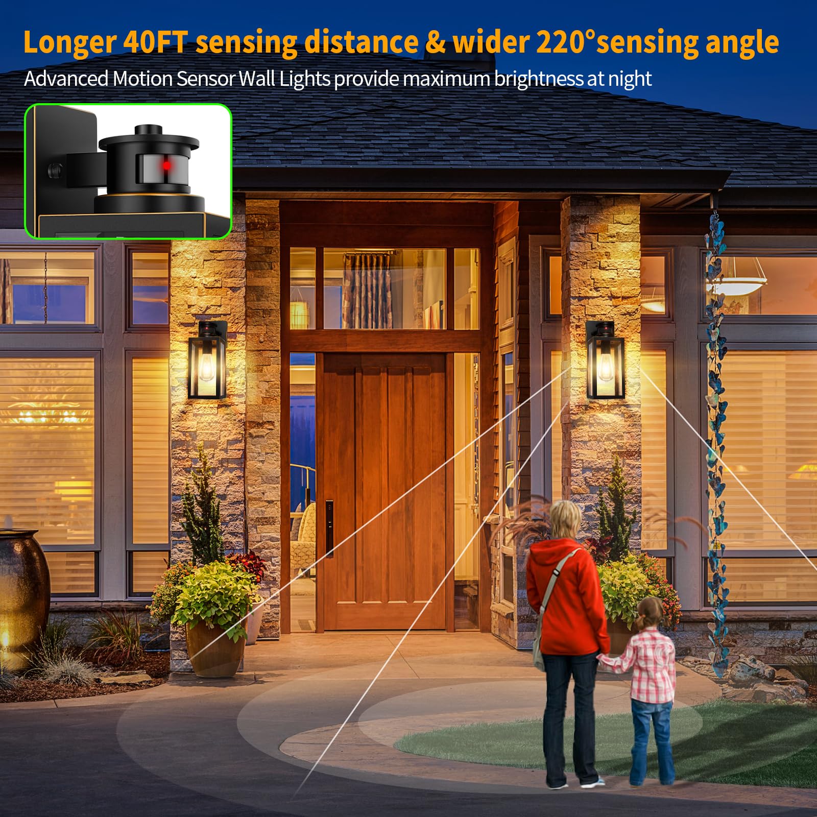 TOBUSA 2-Pack Motion Sensor Outdoor Wall Lights, Waterproof, 13.25" Bronze, Model B05023CPG, Clear Glass Lanterns for Porch & Garage