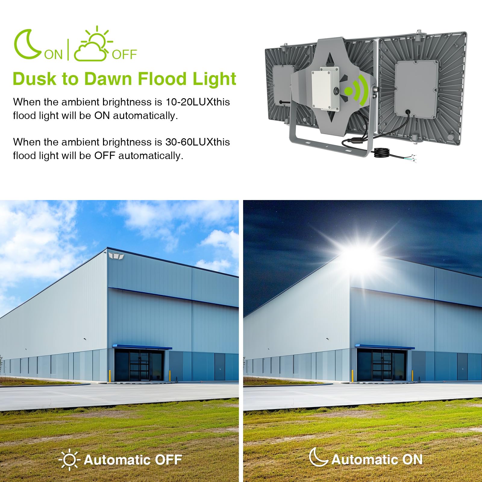 STASUN 900W LED Flood Light - 90000LM, Dusk to Dawn, IP66 Waterproof, 3-Head Multi-Angle, Gray, Model 20172