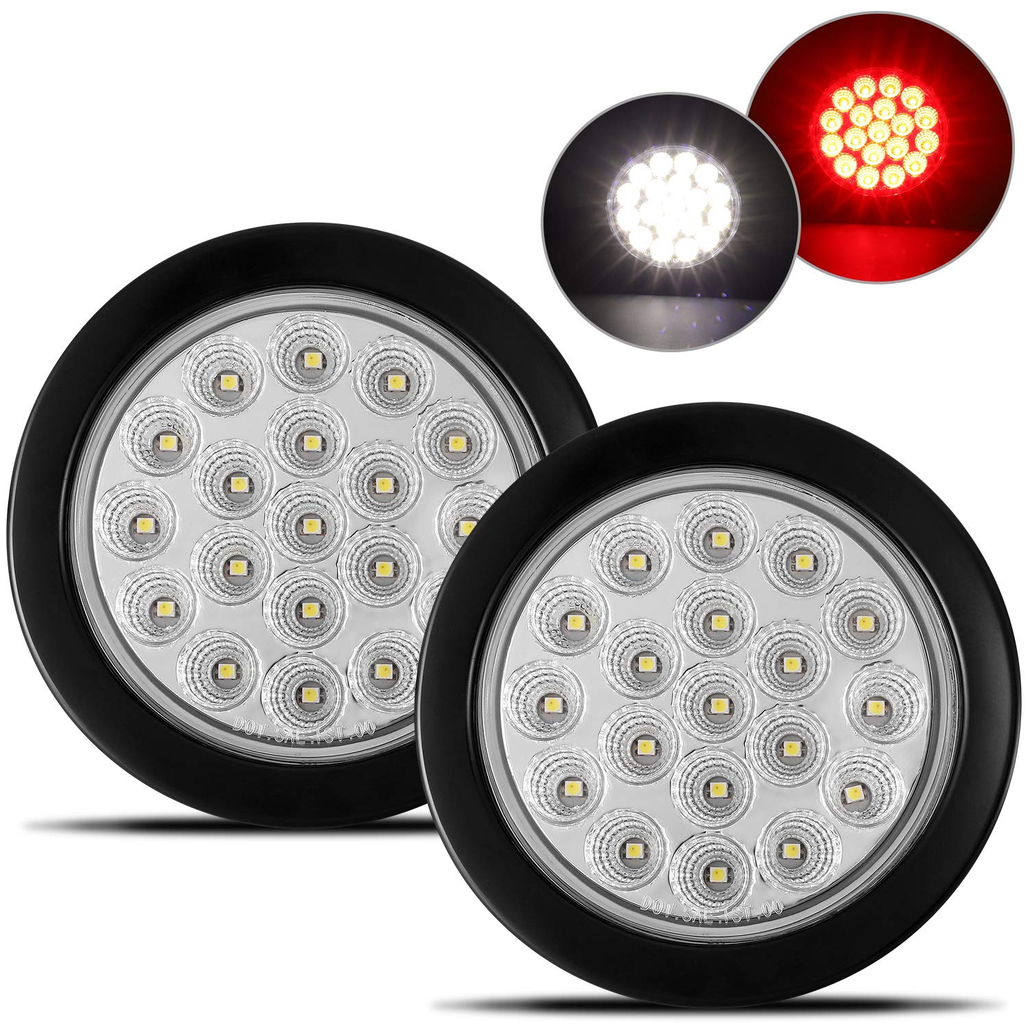 Partsam 2Pcs 4 Inch Round Red Stop Turn Tail Lights and White Backup Lights Kit 19 Diodes w/Rubber Grommets & 3-Prong Wire Pigtails  Red/White Round Led Truck Trailer Tail Lights and Reverse Lights