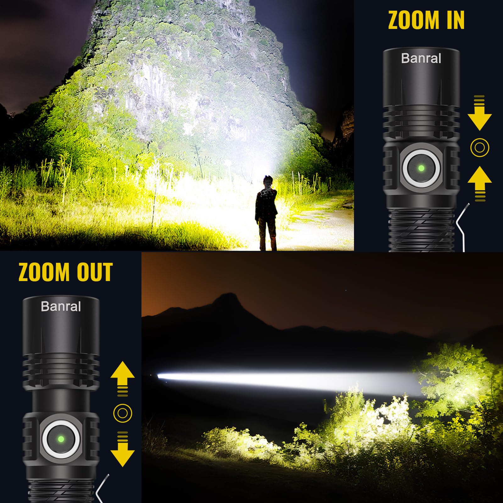Banral Tactical Flashlight - High Lumens USB-C LED, Waterproof, 4 Modes, Compact EDC, Mini Size, Black, Model K518 (2 Pack)