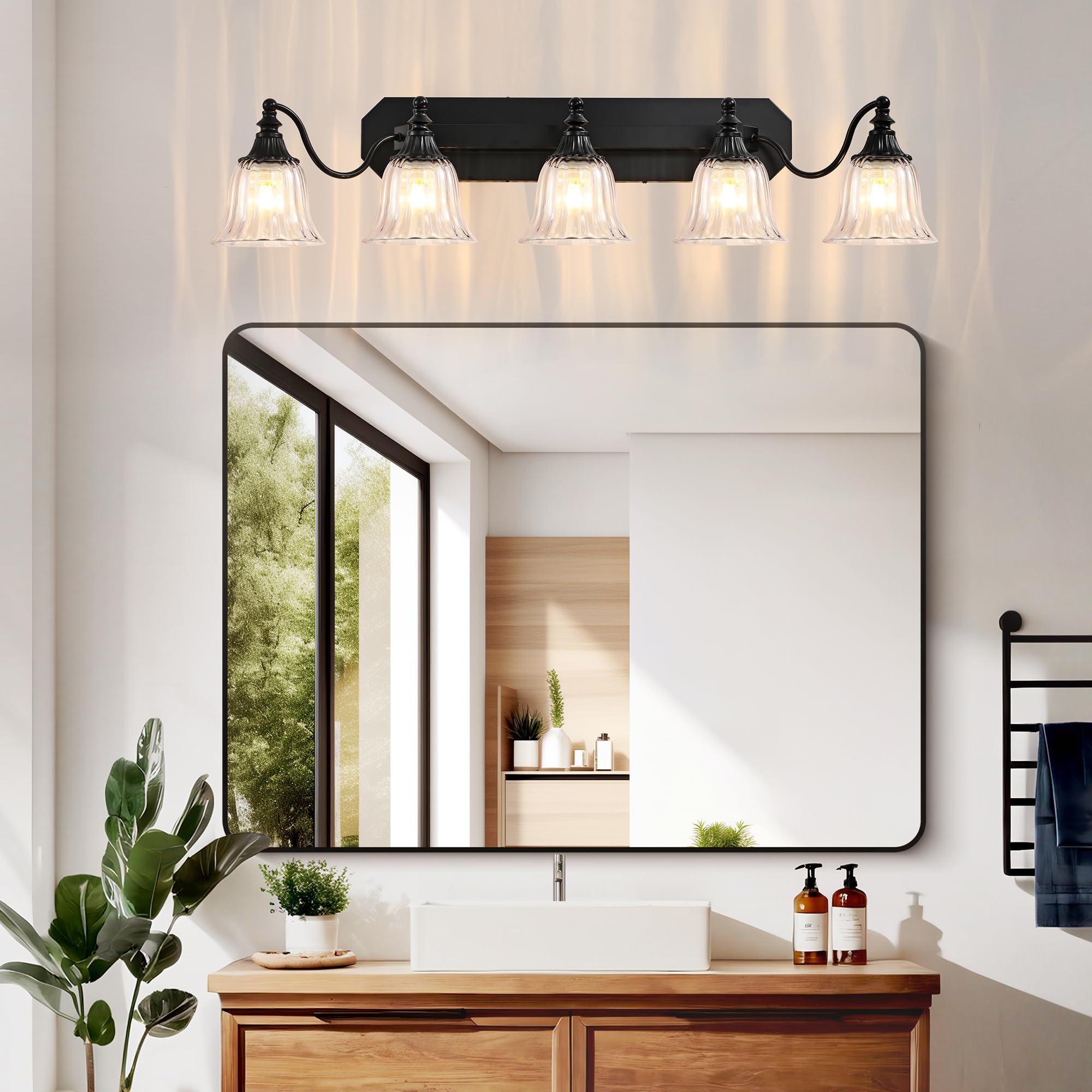 Dvmteom Black Vintage Bathroom Vanity Light Fixture  5-Light Vanity Light For Bathroom  Antique Matte Black Finish With Crystal Glass Shade  Lighting Fixtures Over Mirror For Bedroom Living Room