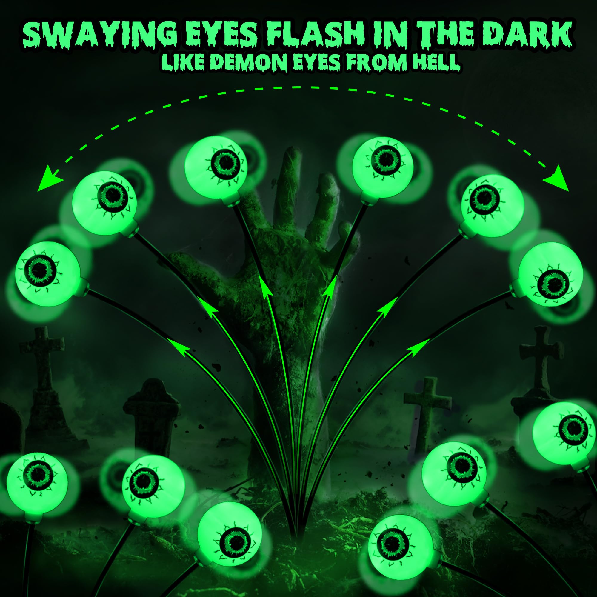 Brizlabs 4 Pack 24 Led Halloween Solar Lights  2 Modes Outdoor Halloween Eyeball Pathway Lights  Solar Spooky Walkway Light Waterproof  Green Swaying Firefly Lighting For Path Yard Garden Lawn