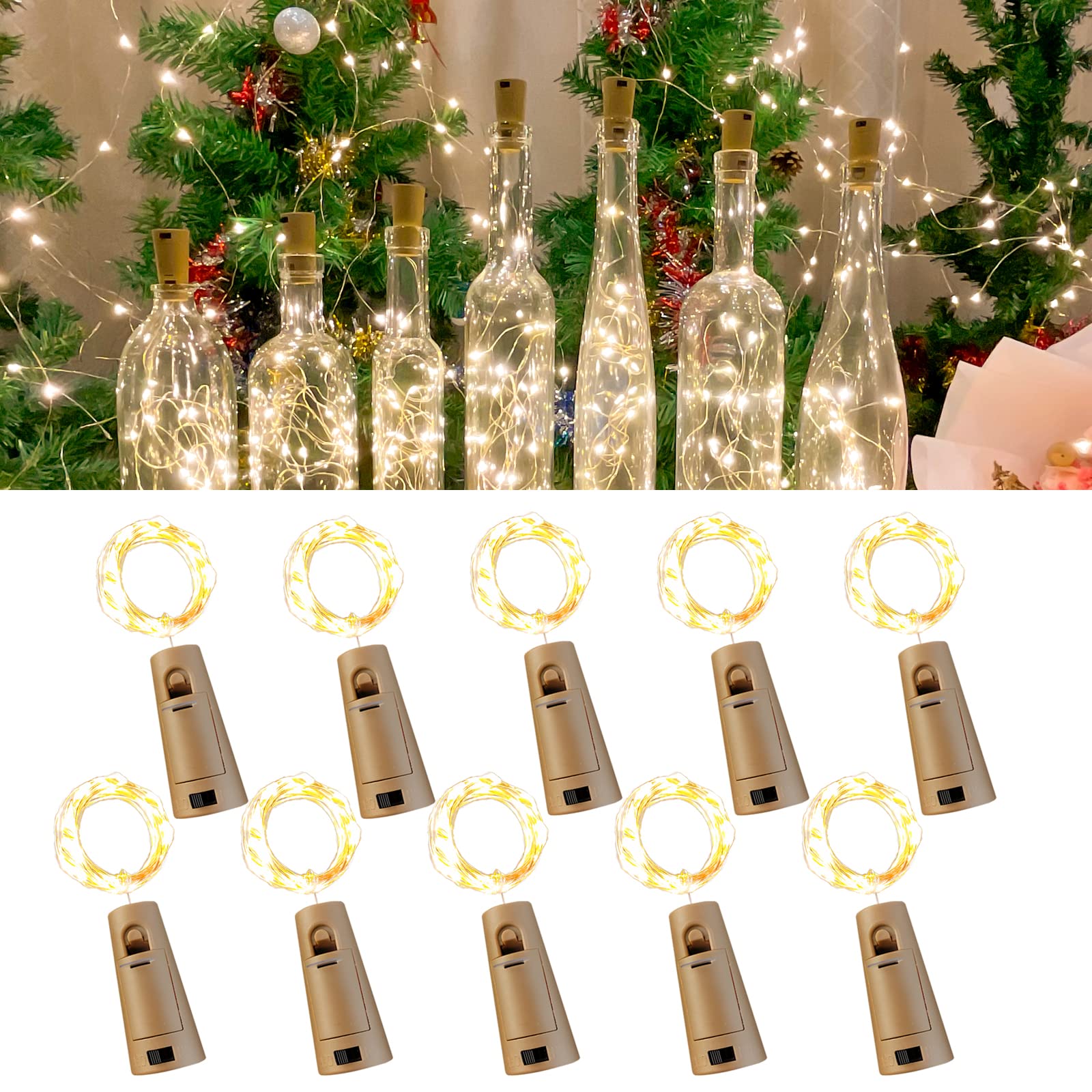 Etinga 10 Pack Wine Bottle Lights with Cork, 20 LEDs, 6.6 Ft, Fairy Mini String Lights for DIY Jar Halloween, Christmas, Party Decoration, Wedding Listing (10 Pack, Warm White)