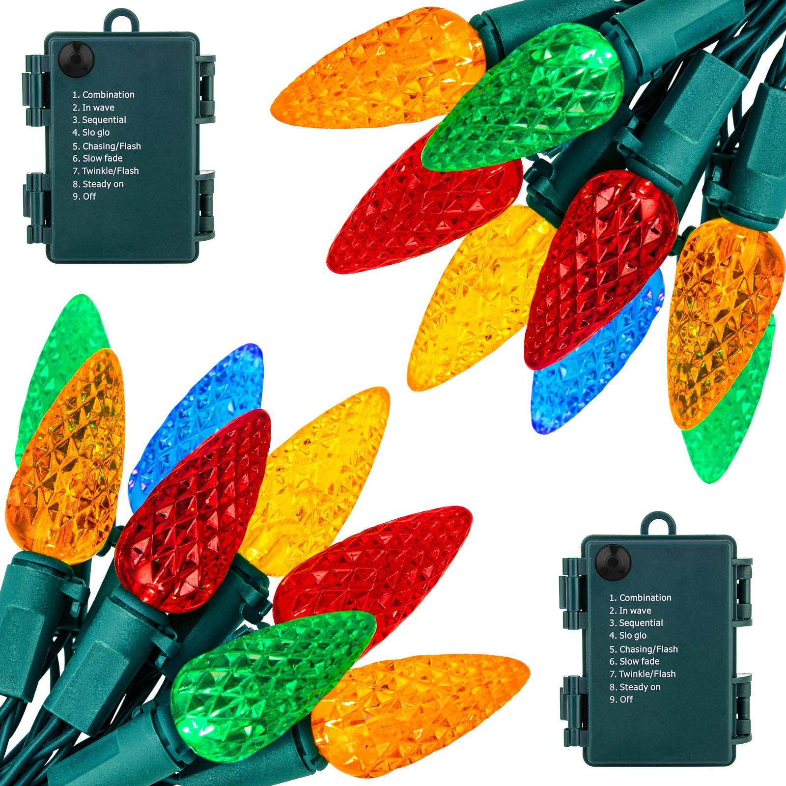 Brightown C6 LED Christmas String Lights, 20ft, 60 LEDs, Battery Operated, Multicolor, with Timer and 8 Light Modes