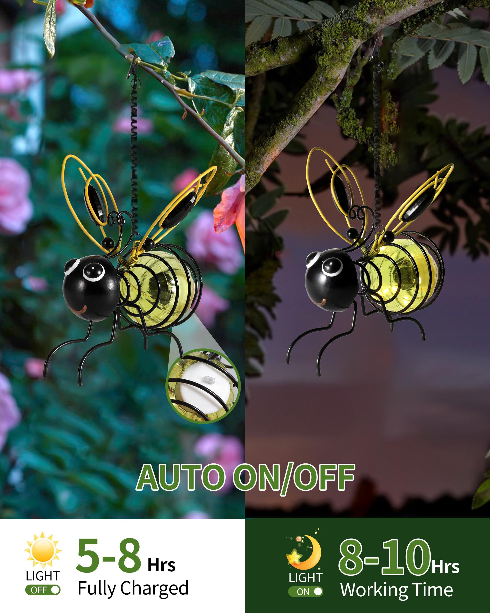 Istatue Solar-Powered Hanging Bee Light - Metal Led Outside Bugs With Bouncy Springs - Solar Fairy Lights For Outside Garden Decor Backyard Balcony Porch Spring Decoration (Yellow)