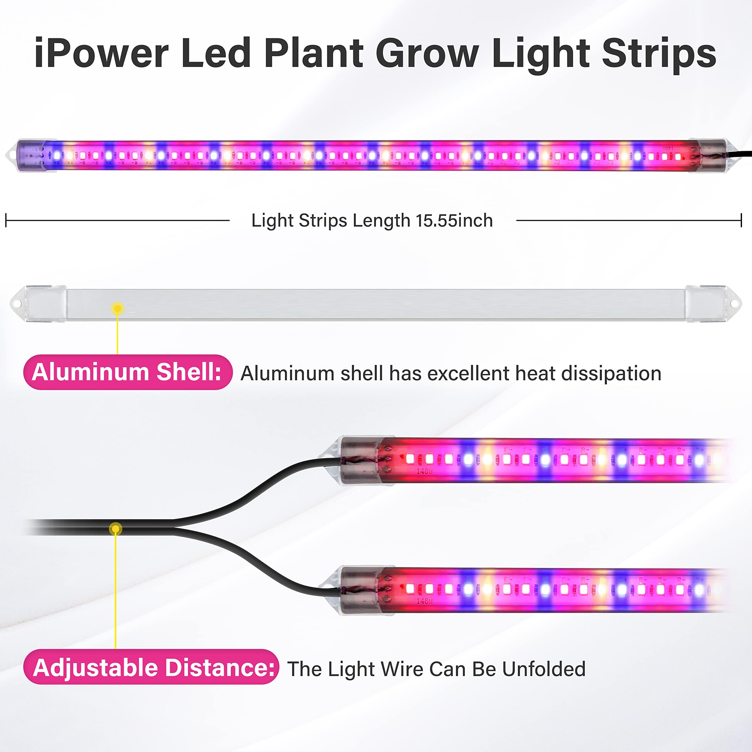 iPower 20W LED Grow Light Strips, Full Spectrum, 2 Tubes, 48 LEDs, Auto ON/OFF Timer, Dimmable, Mix Color