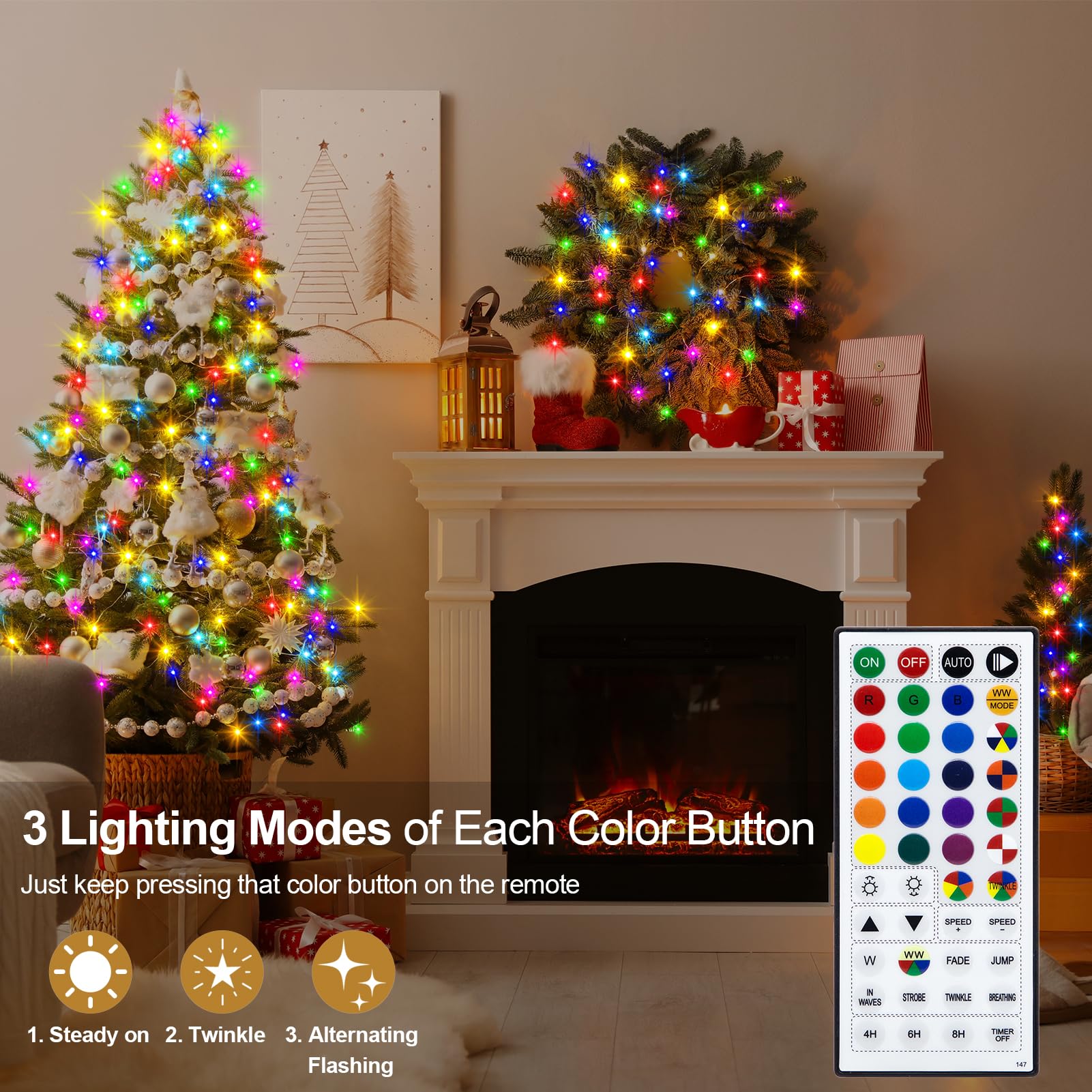 echosari Fairy Lights Battery Operated, RGB Color Changing & Warm White 33Ft 100 LED Twinkle Lights with Remote Timer 150 Scene