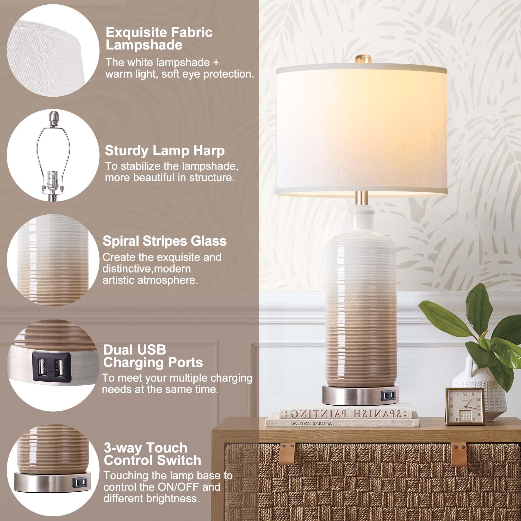 Vpazg Ceramic Table Lamps Set Of 2, 3-Way Dimmable, Usb Charging, White Linen Shade