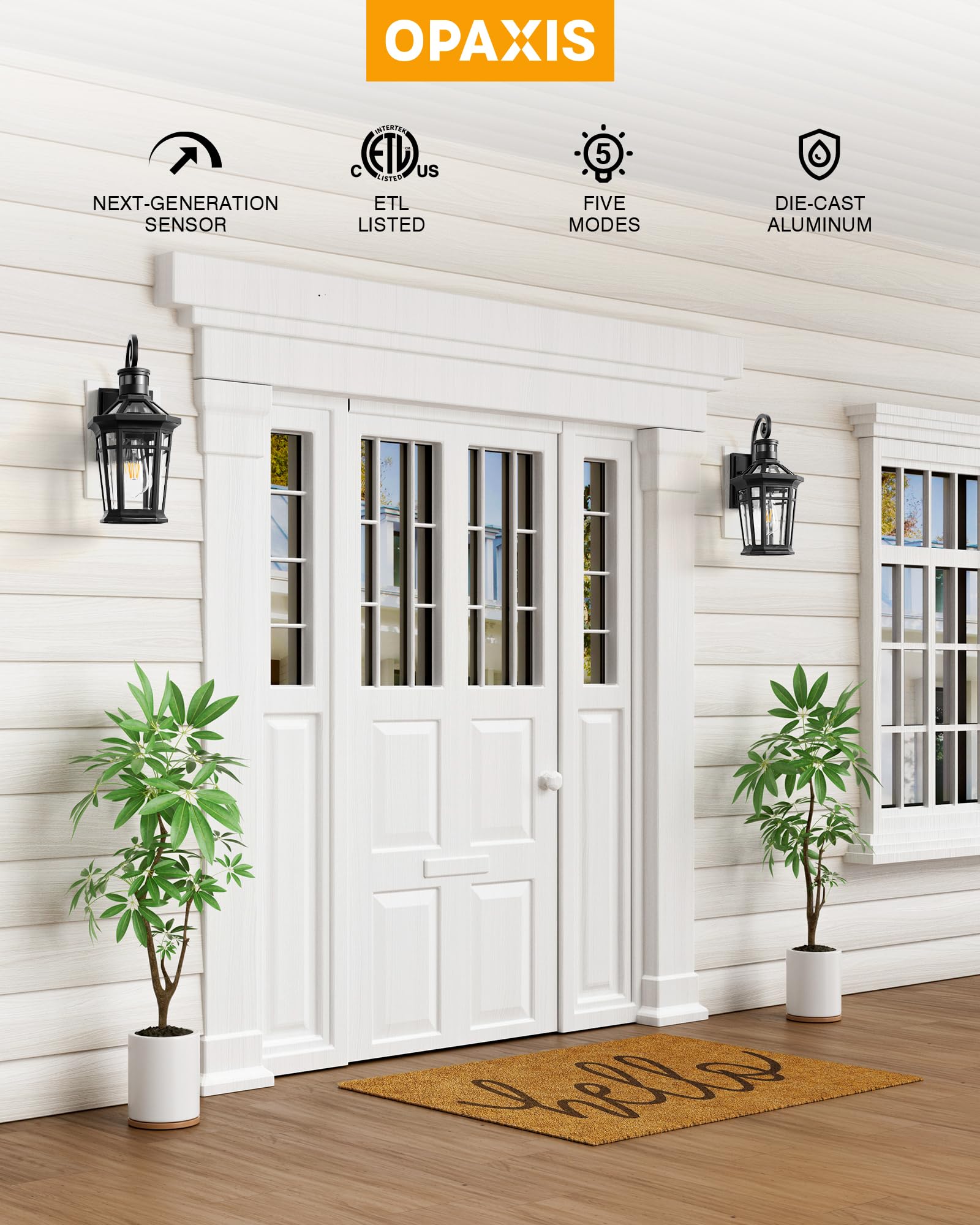 OPAXIS Motion Sensor Outdoor Wall Light, Black Aluminum, 1-Pack, Model P8106, Adjustable Sensor Range, Dusk to Dawn Sconce for Porch/Garage