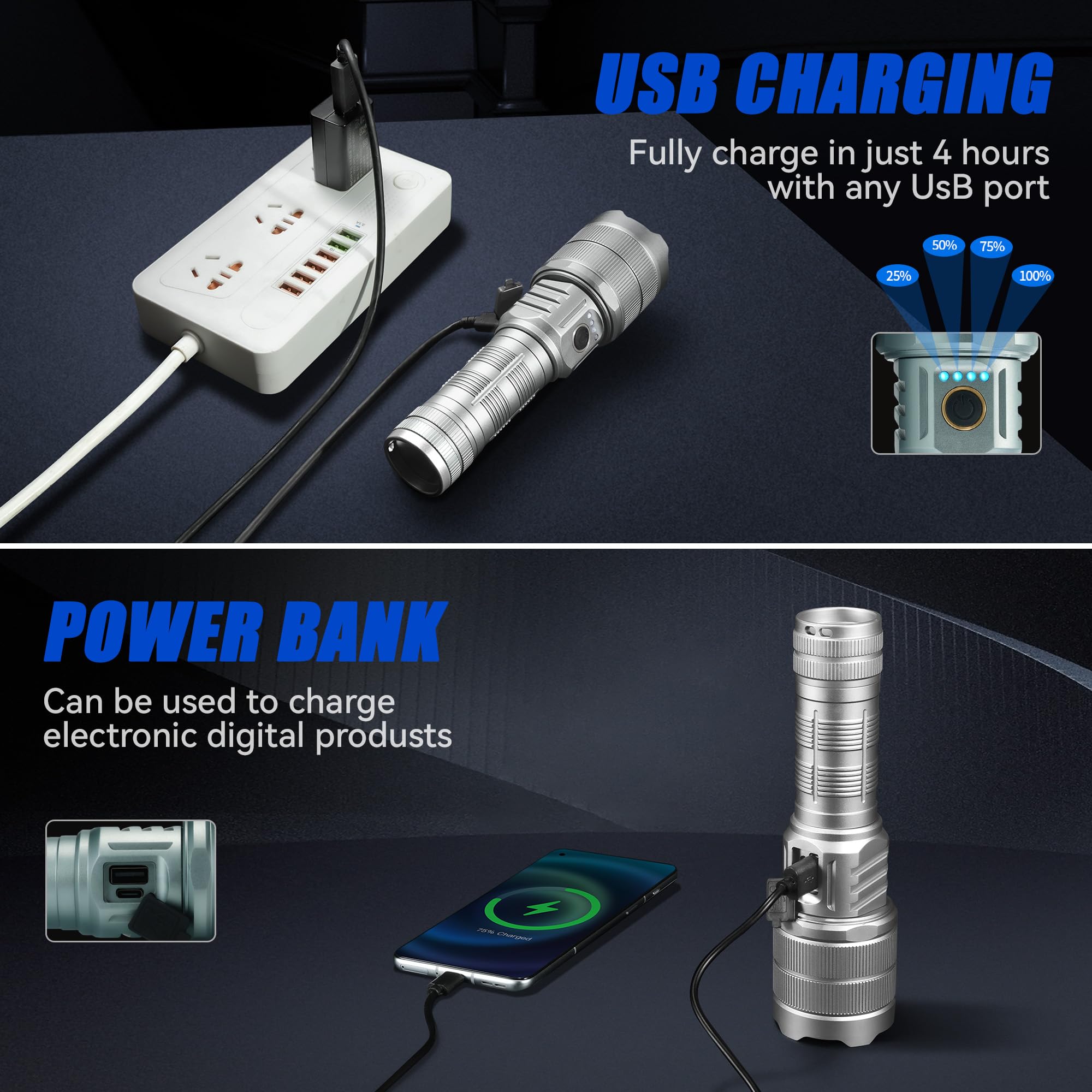 TECBOTT 10000 High Lumens Flashlights LED Rechargeable Tactical Flashlight 5 Modes Zoomable Fast Charging IPX6 Waterproof Flash