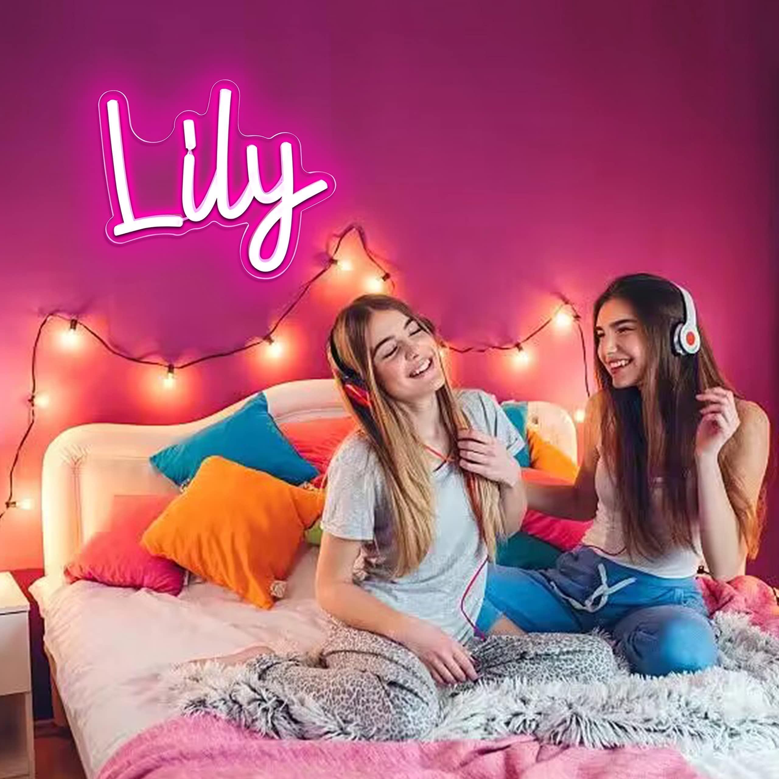 attneon Lily Name Neon Sign - LED Wall Decor for Kids, Pink, 9x6.7 inch, Model JTLD400