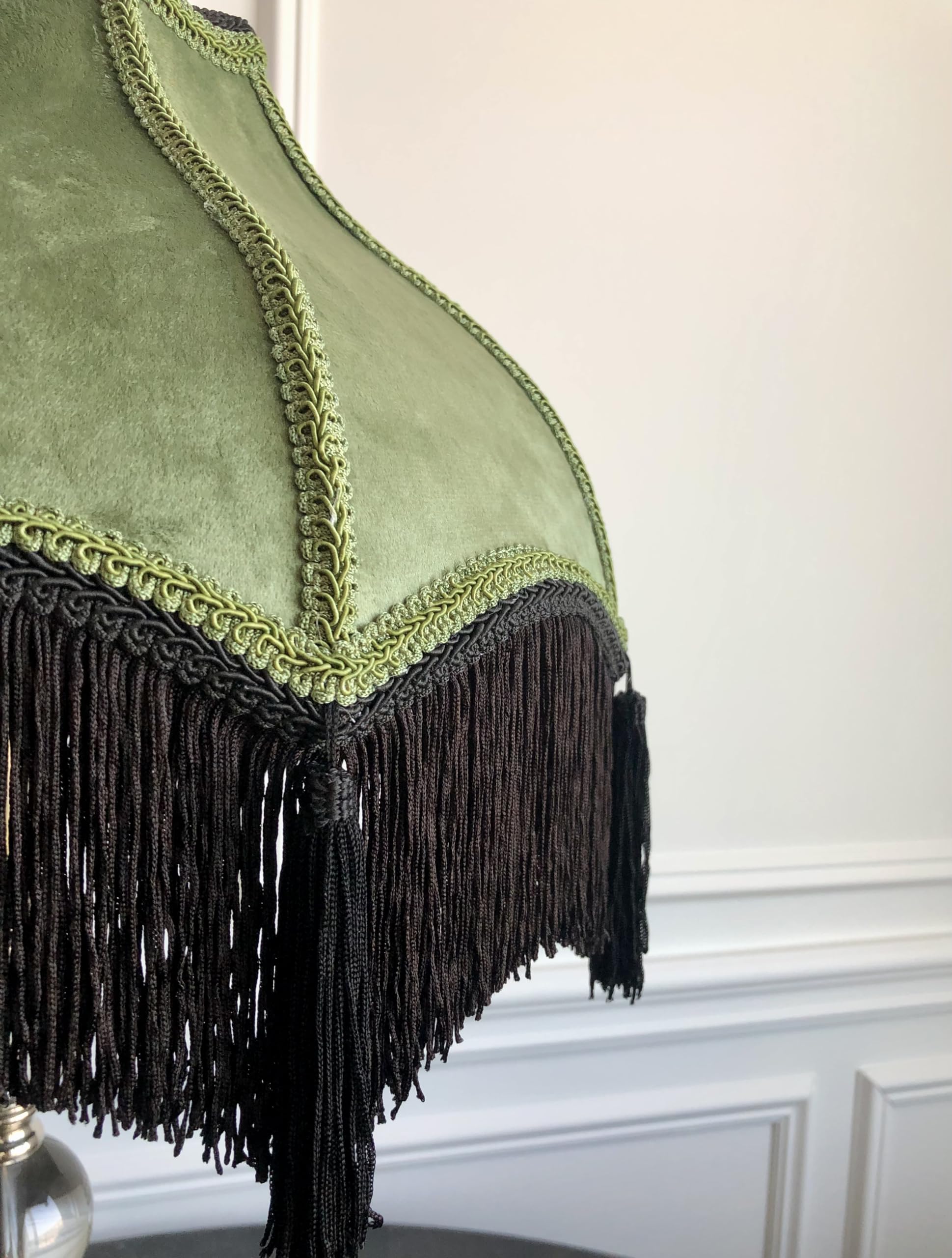Generic Victorian Style Velvet Lamp Shade with Tassels, Olive Green, Large Bell Shape