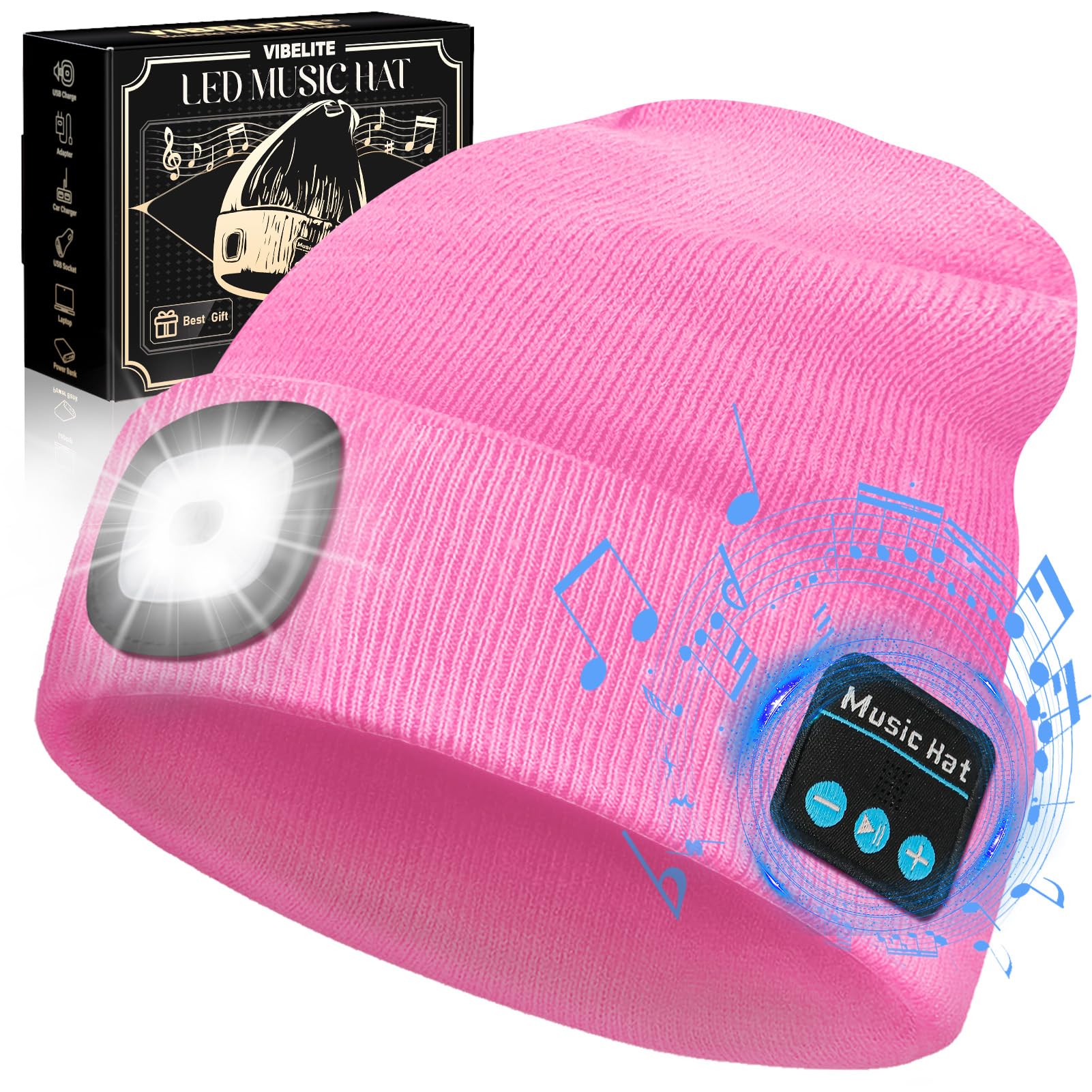 VIB high-standard Bluetooth Beanie Hat with Light, USB Rechargeable, Wireless Headphones, Model BHL2413, Pink, 100% Acrylic
