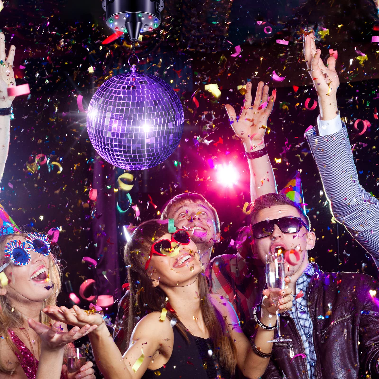 6Rpm Rotating Disco Ball Mount Electric Motor With Lights 4 Colors For 6 8 12 Inch (Not Included) 2 Mode Christmas Party Djs Bands Pubs Weddings Night Clubs (Battery Style)