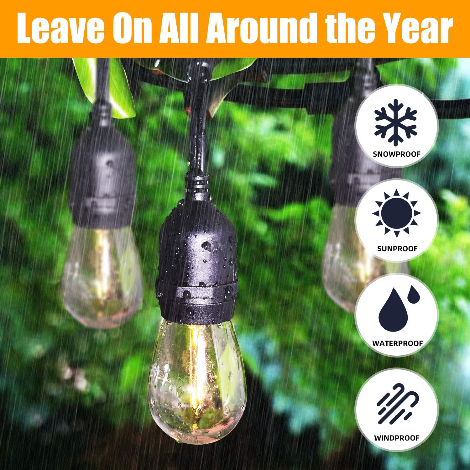 Lakumu 96Ft Outdoor String Lights, Waterproof Dimmable S14 Led Bulbs, Heavy Duty Bistro Lights