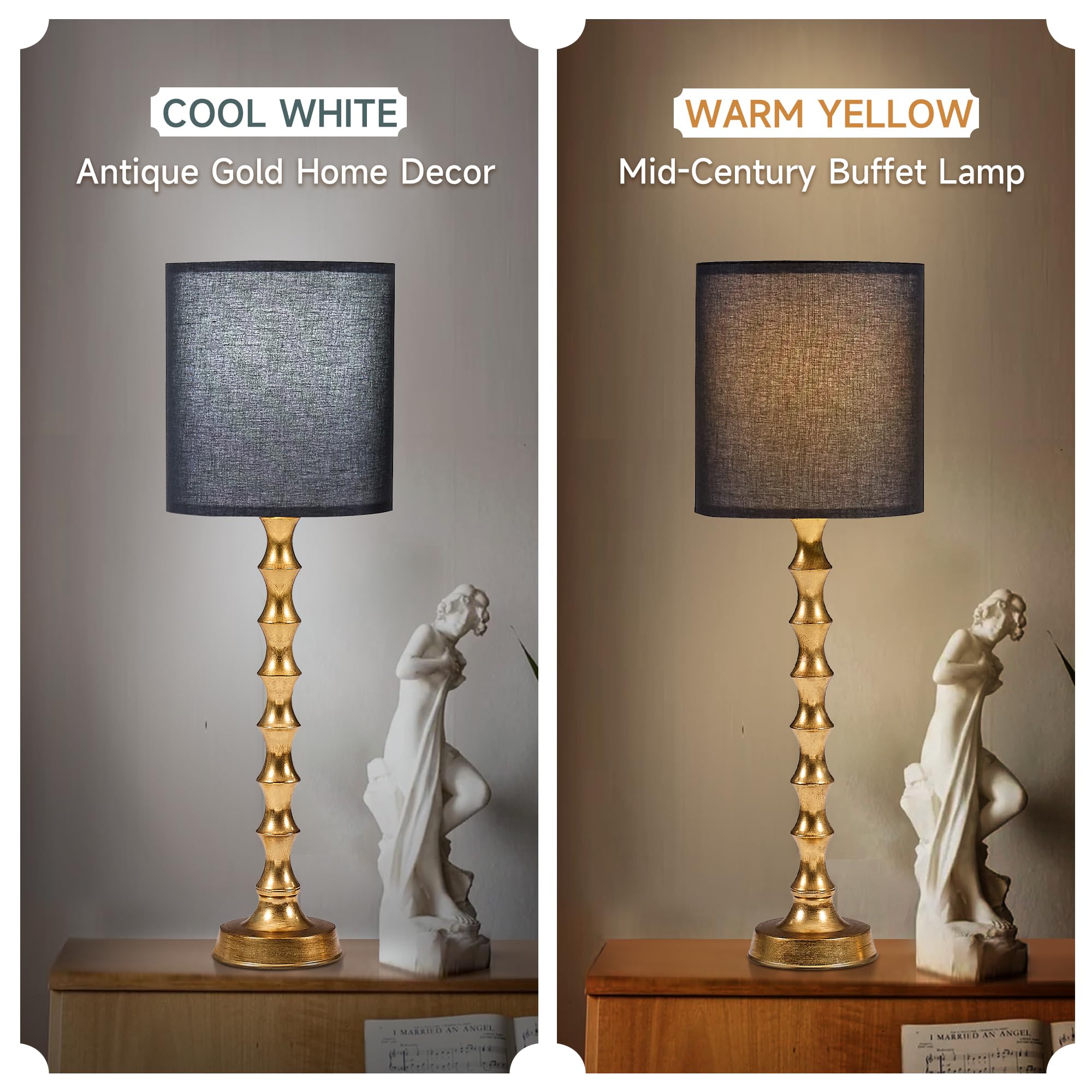 Euo 30.5" Gold Buffet Lamps Set Of 2 With Black Shade, Buffet Table Lamps Set Of 2 For Living Room, Black Gold Lamps For Dining Room, Gold Bamboo Lamps For Credenza, Black/Gold