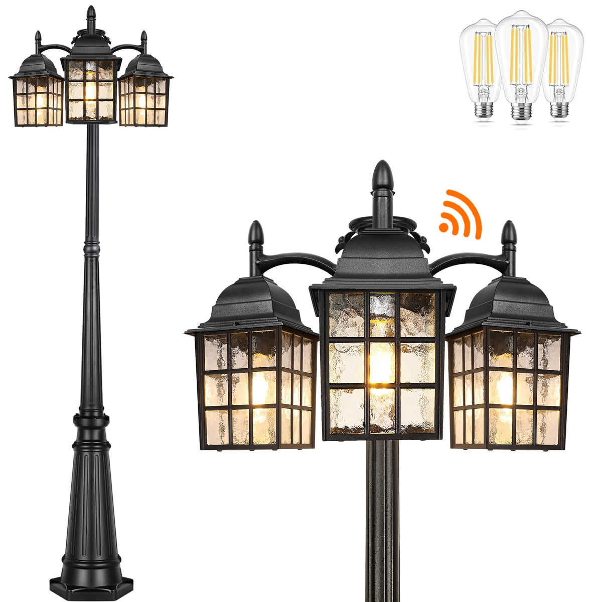 PARTPHONER Dusk to Dawn Outdoor Lamp Post Lights, Aluminum Black Light Pole Water Ripple Glass Shades, 3-Head Hardwired Waterpro