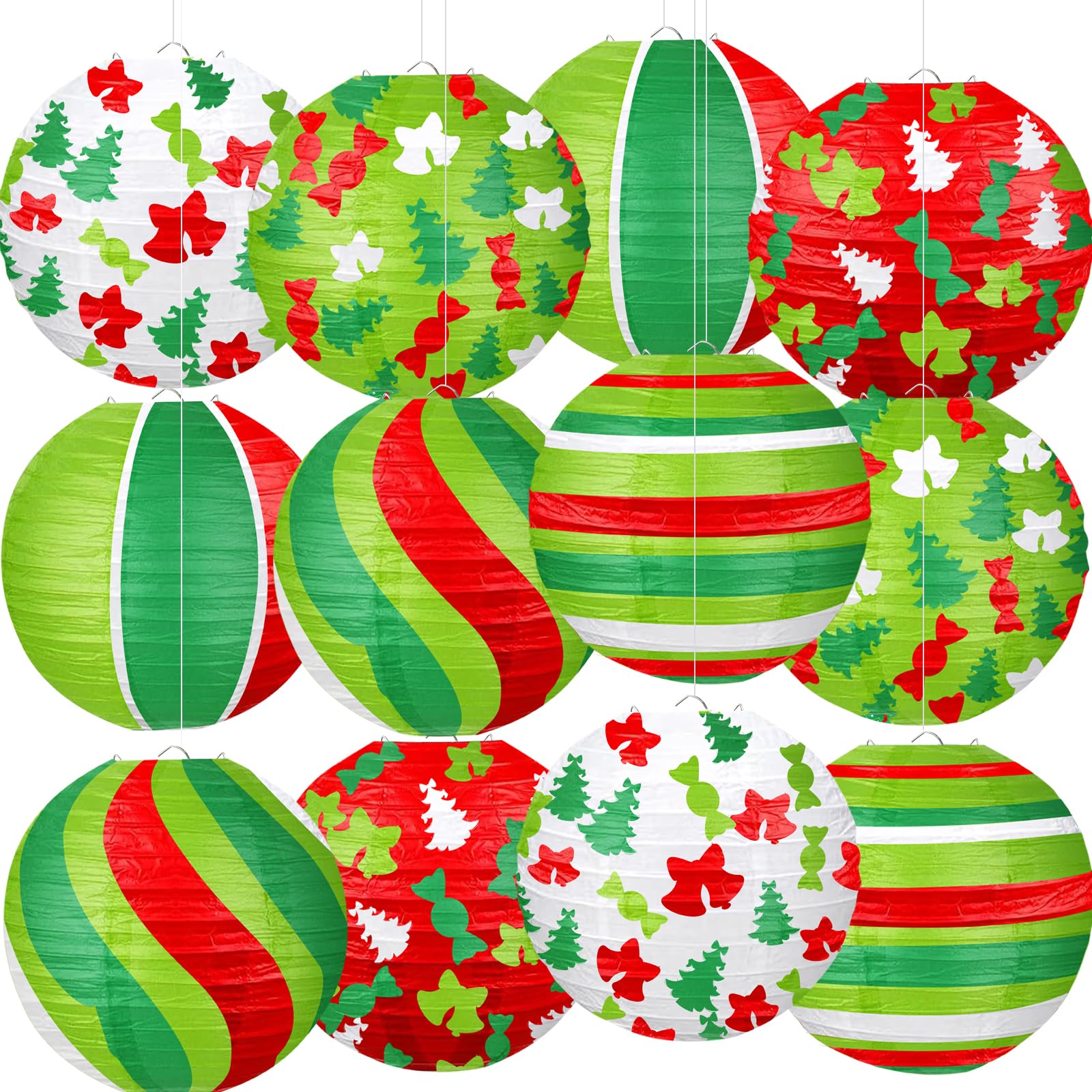 ADLKGG Christmas Paper Lanterns, 12 Pcs, Red Green Trees & Bells, Indoor Outdoor Holiday Decorations, Model 001