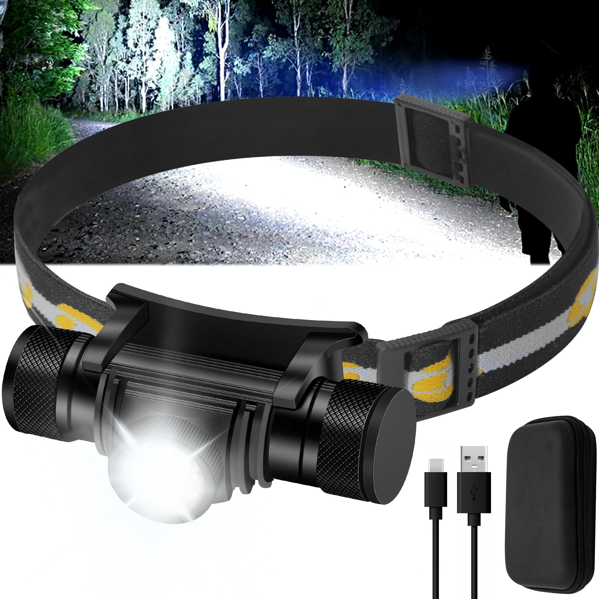 Headlamp Rechargeable, 1200 Lumen Zoomable Led Head Lamp For Adults, Ip66 Waterproof Rechargeable Headlight With 9 Modes, Super 