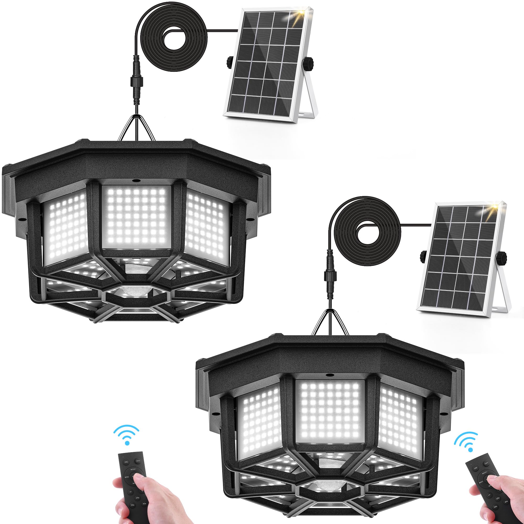 UOOIUMOY 2 Pack Solar Shed Light Indoor Outdoor 1200LM Solar Powered Pendant Daywork Light 288LED 8-Faces Motion Sensor with 5 L