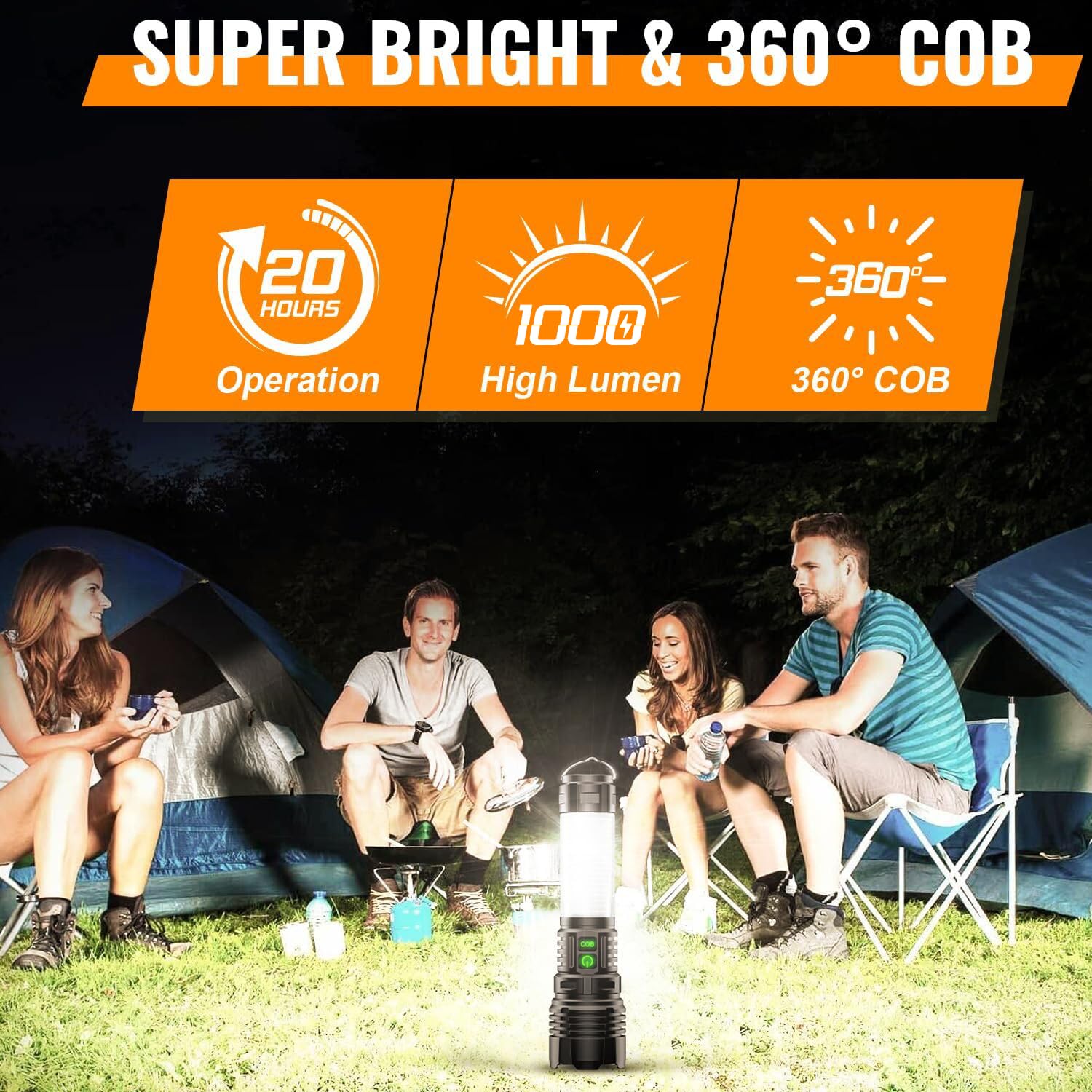 Hoxida Rechargeable Camping Lantern Flashlight, 2000m Beam, 5 Modes, Waterproof, Aluminum, Model 016-1, 2pcs
