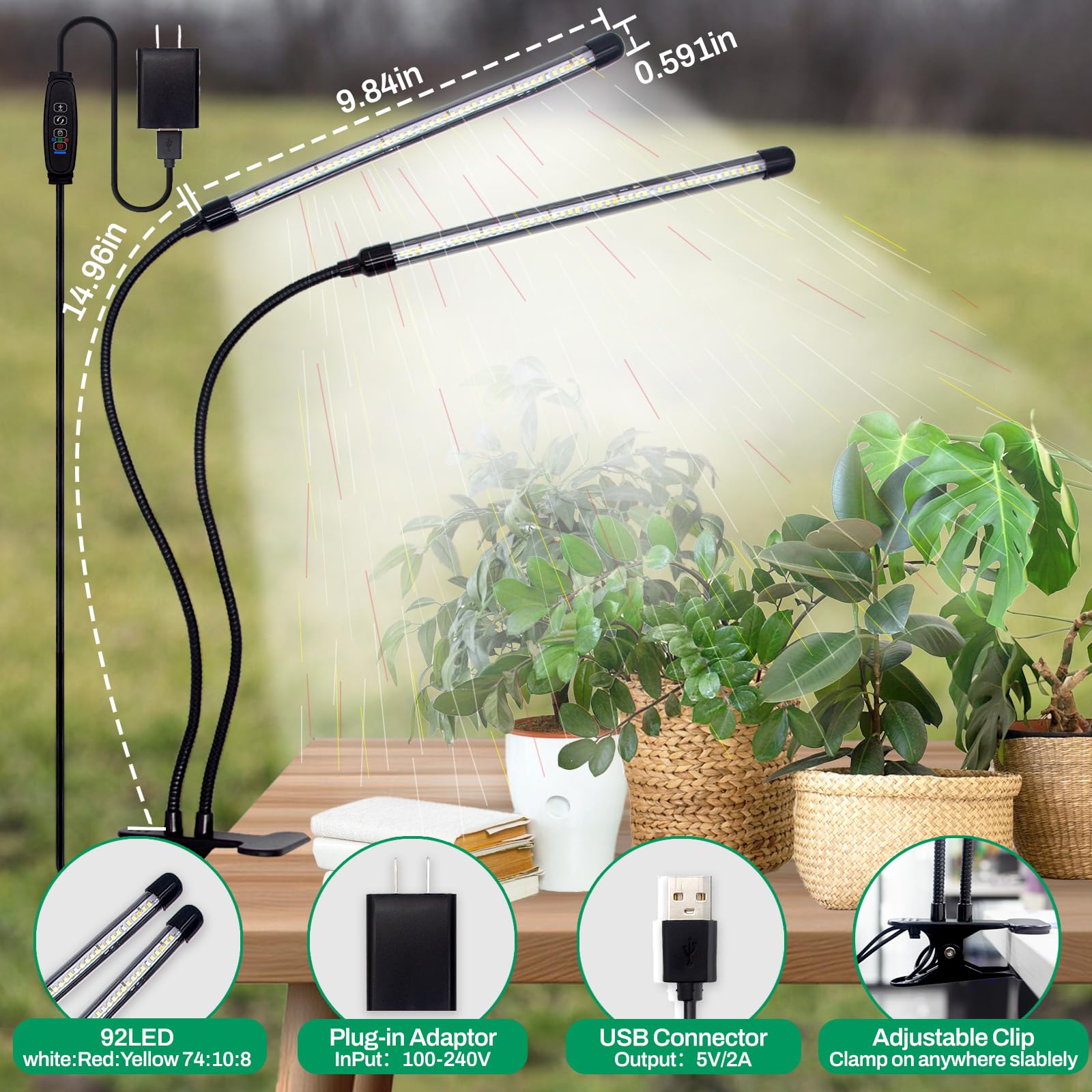 LEOTER Grow Lights for Indoor Plants - 96 LED Full Spectrum, 5-Level Dimmable, Auto On/Off, 2 Heads, Black, Model: light-002