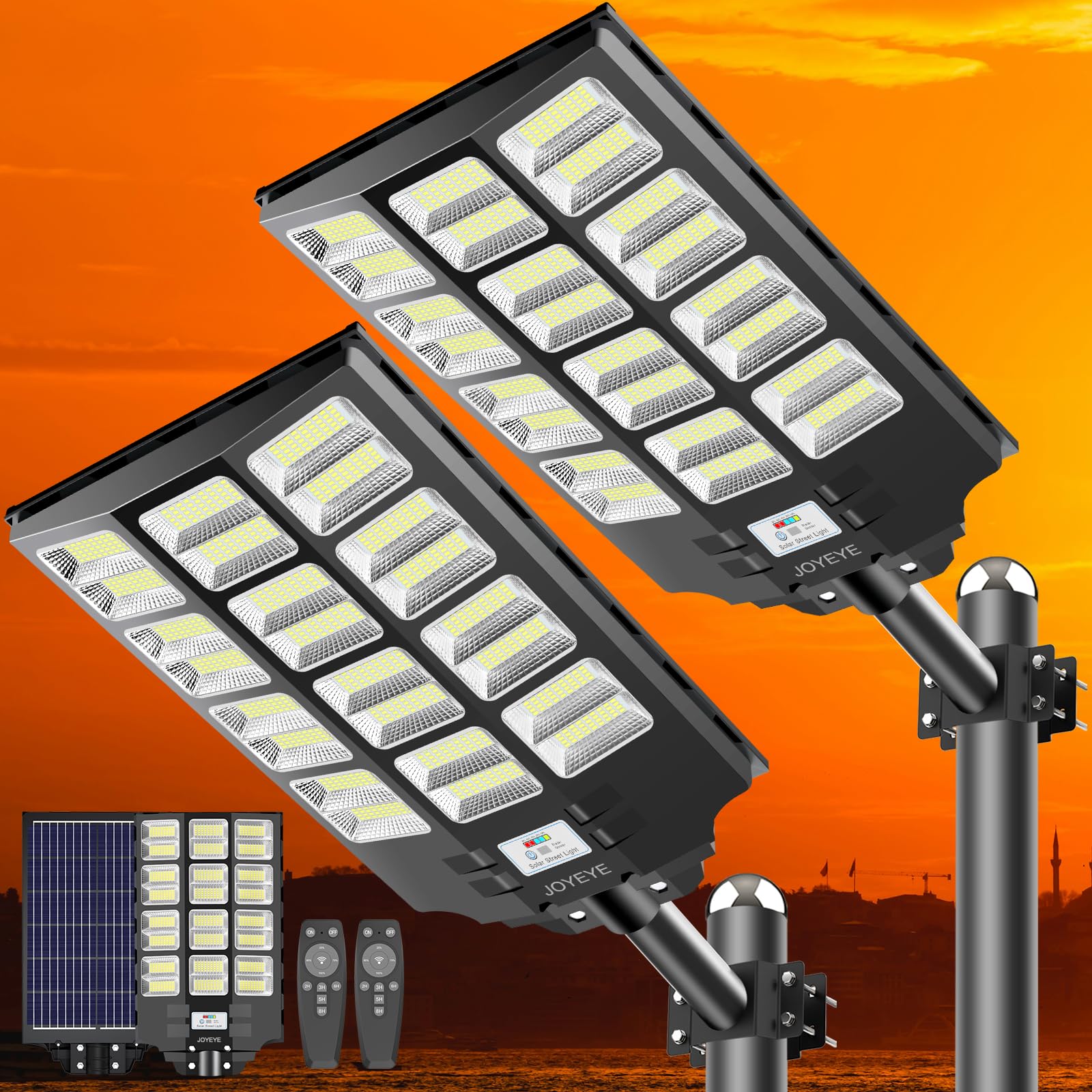 Joyeye Solar Street Light 6000W, Solar Street Light Outdoor High Lumens, Solar Parking Lot Lights 6500K, Solar Lights Outdoor Motion Sensor Dusk To Dawn For Parking Lot, 2 Pack