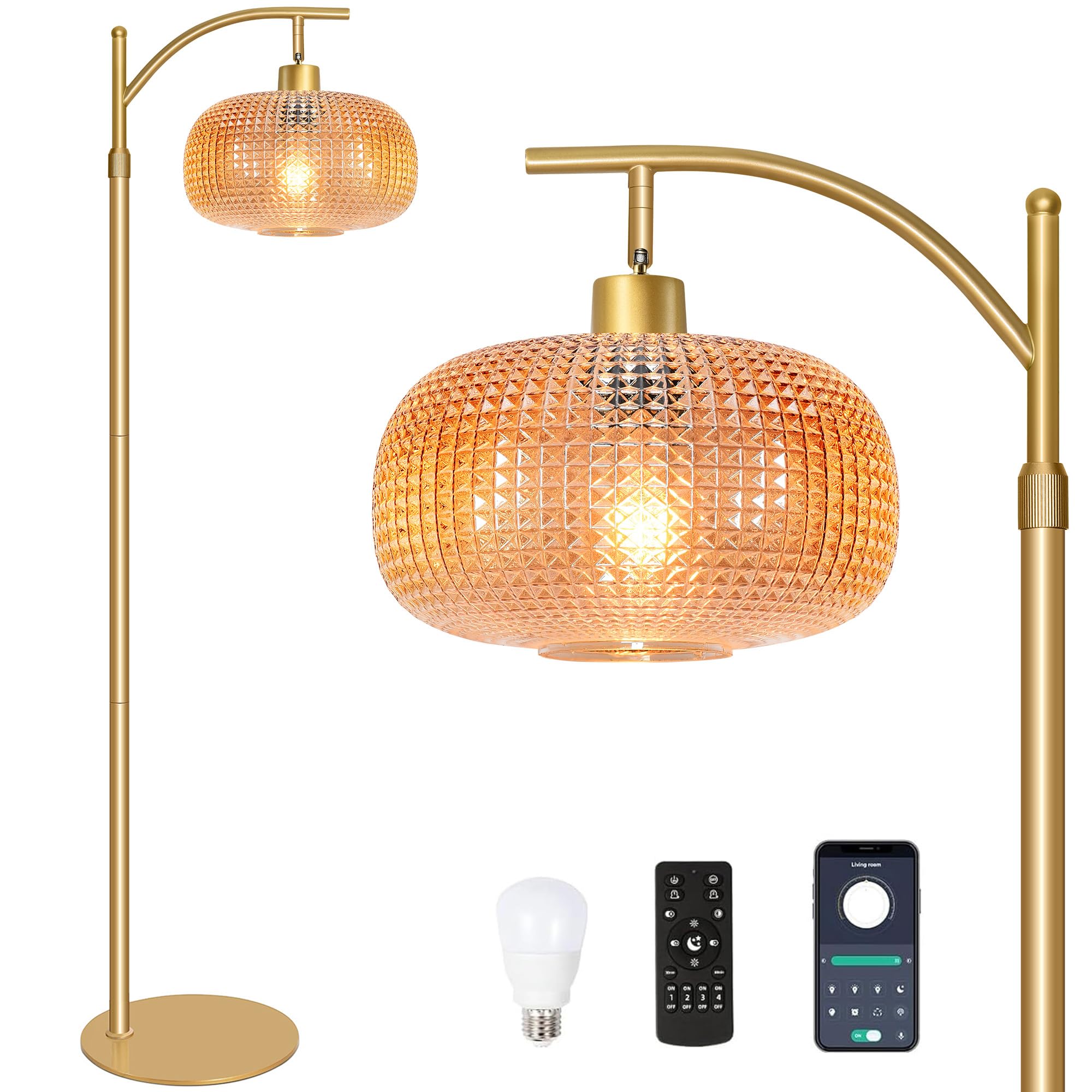 Glass Floor Lamp for Living Room with Amber Glass Lampshade, Dimmable Modern Floor Light with 12W LED Bulb, Remote Control Tall