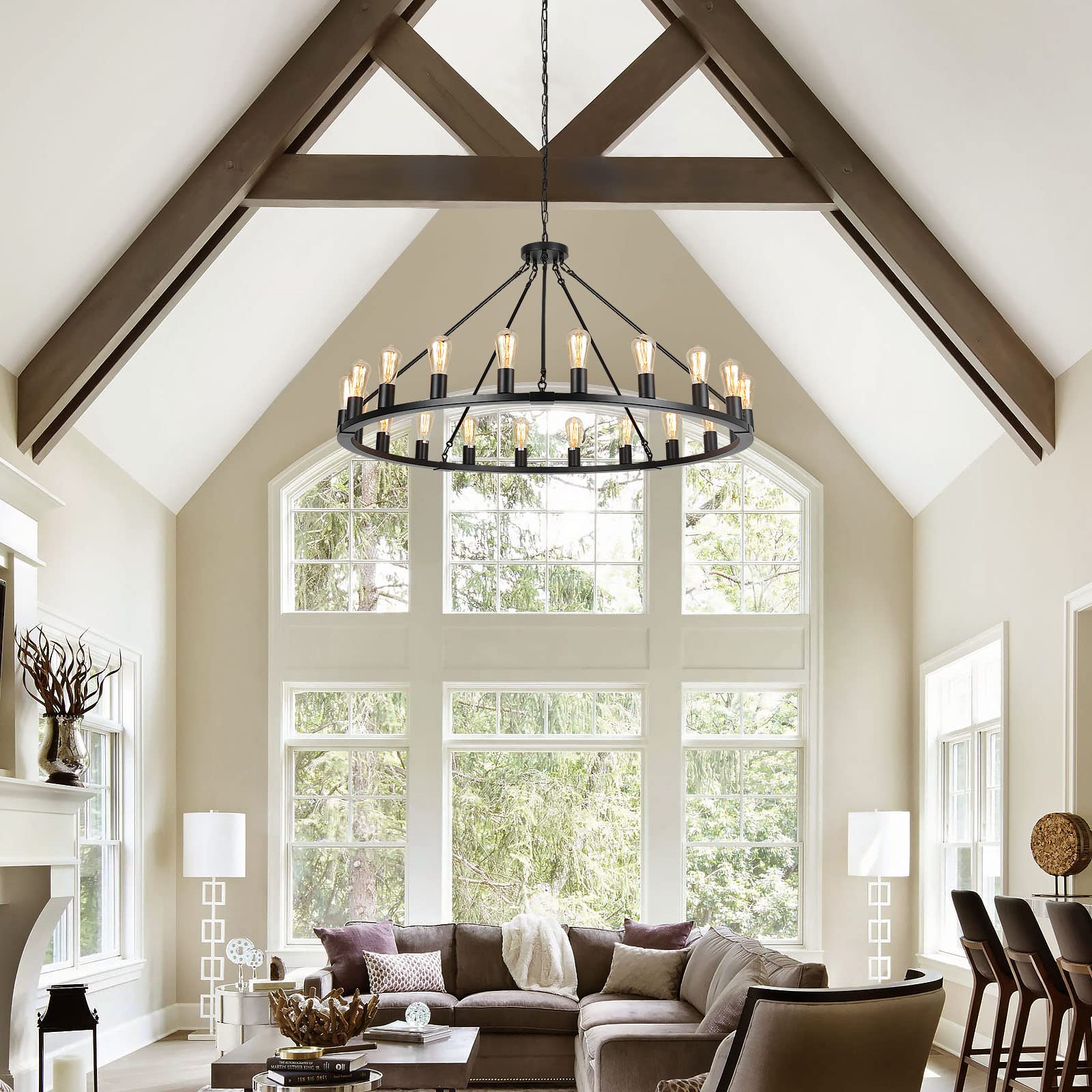 Senyshilon 20-Light Black Wagon Wheel Chandelier, 48&quot; Farmhouse Light Fixture For High Ceilings