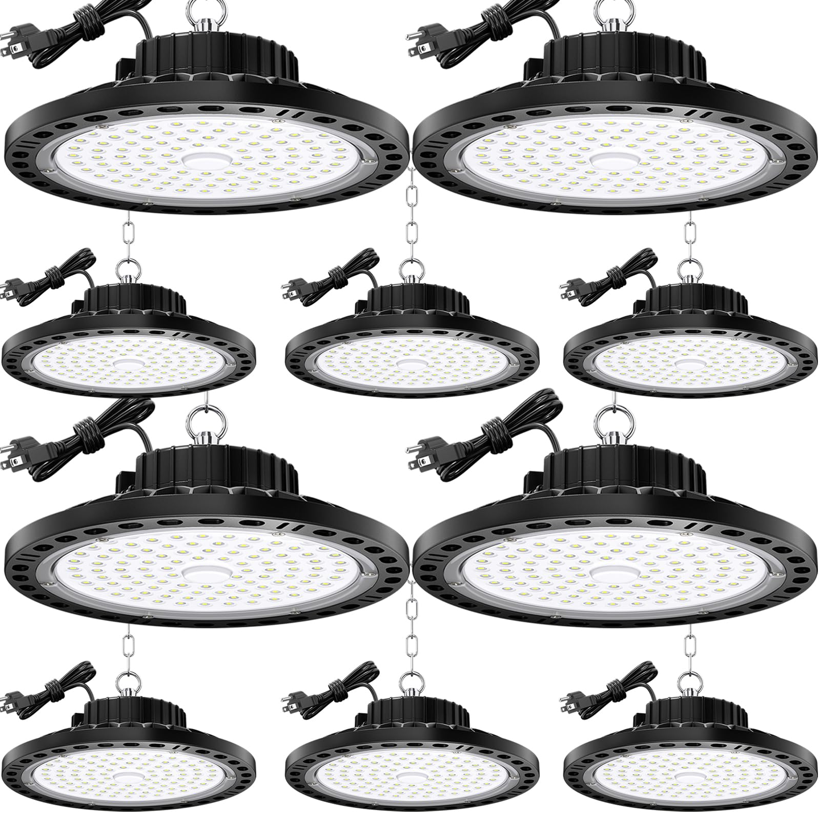 TOPAUBUB 100W High Bay LED Light 10 Pack, 15000LM High Bay LED Shop Lights with 6.56FT Cable US Plug, 11.8in Metal Chain, Driver
