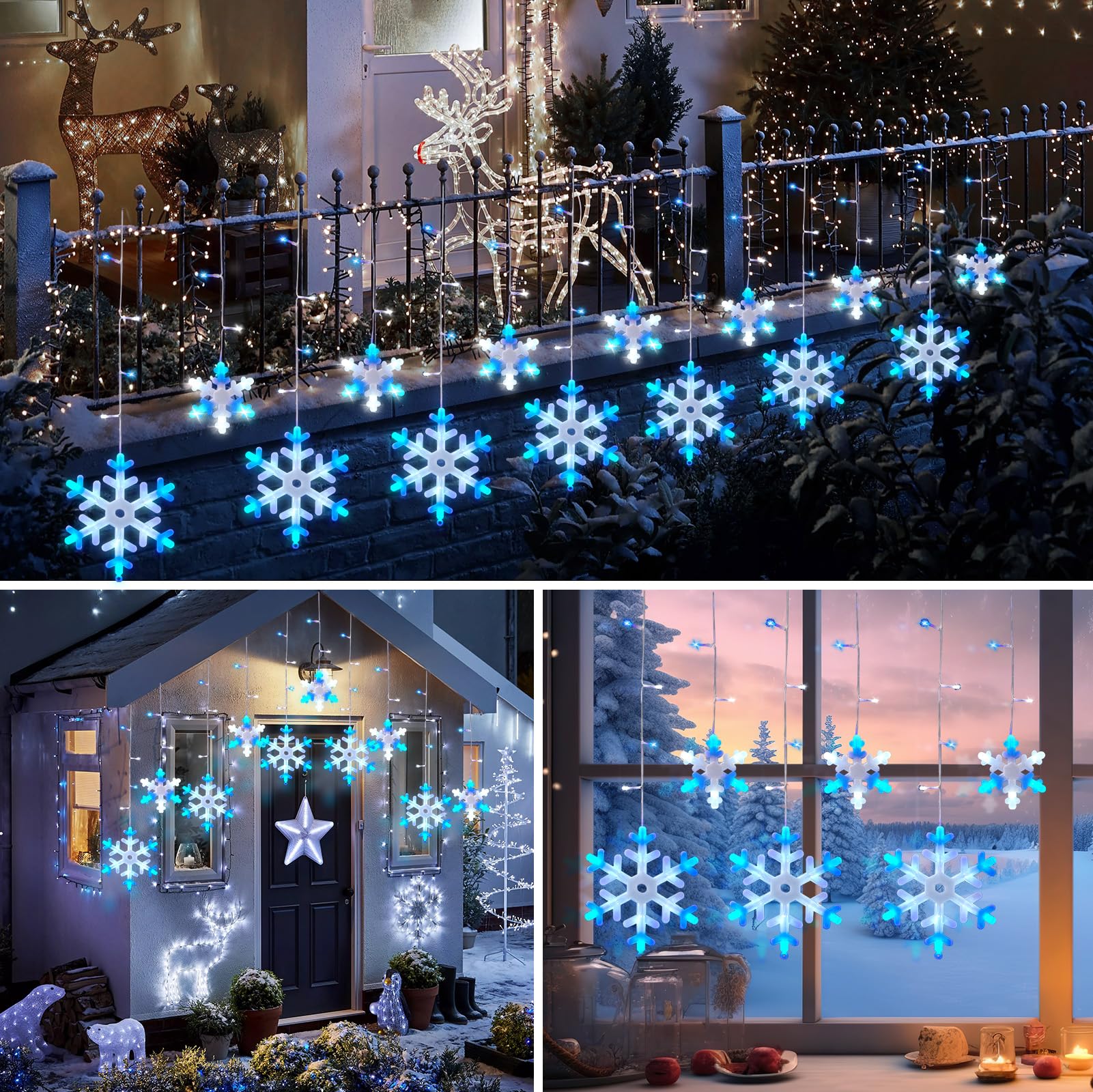 Blue White Snowflake Lights - 19.5Ft 288Led Snowflake String With 24 Drops, 8 Modes, Timer, Ip65 Waterproof, Connectable Outdoor