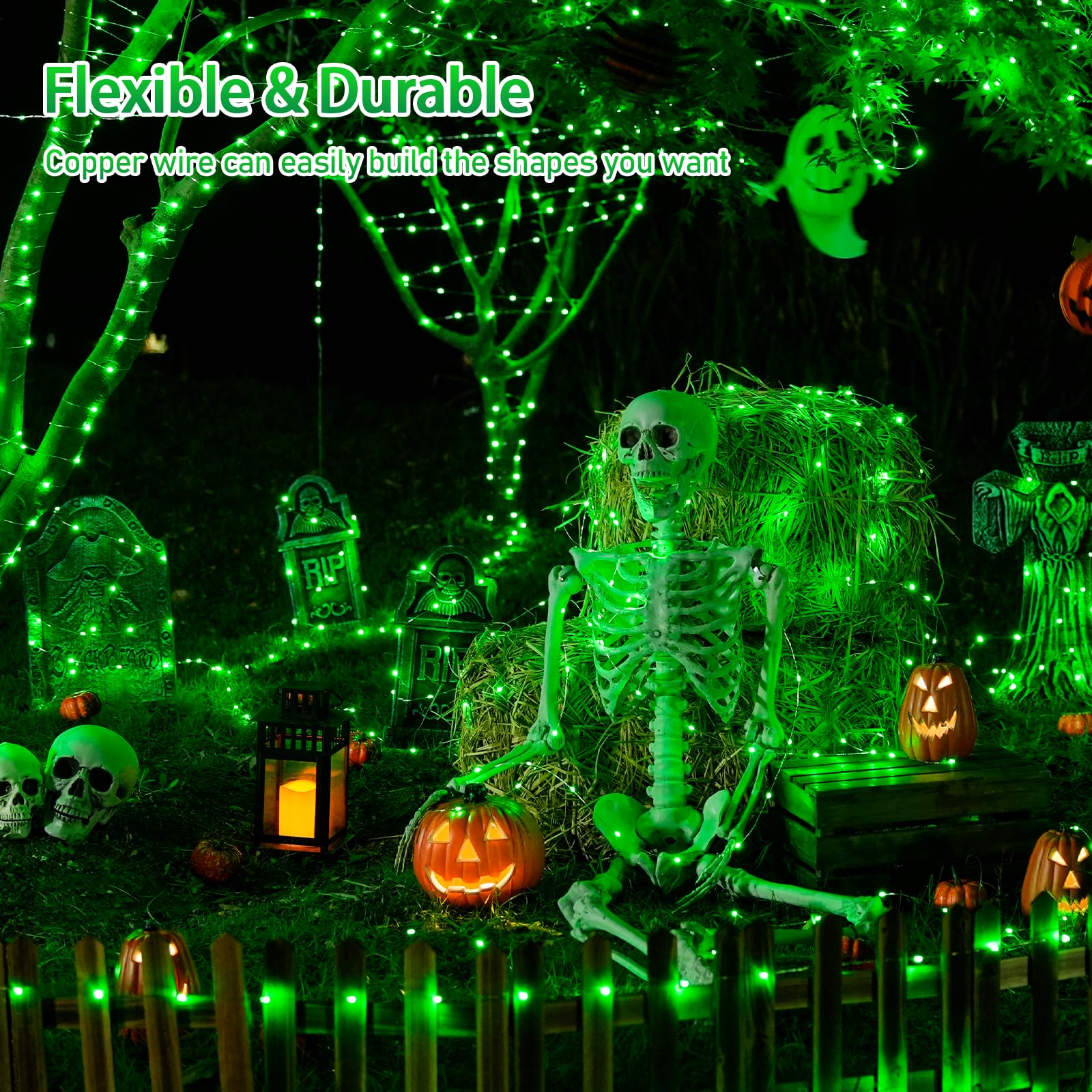 Jmexsuss 2 Pack Green Solar Halloween Lights Each 66Ft 200 Led Green Solar Lights Outdoor, 8 Modes Copper Wire Solar Fairy Light