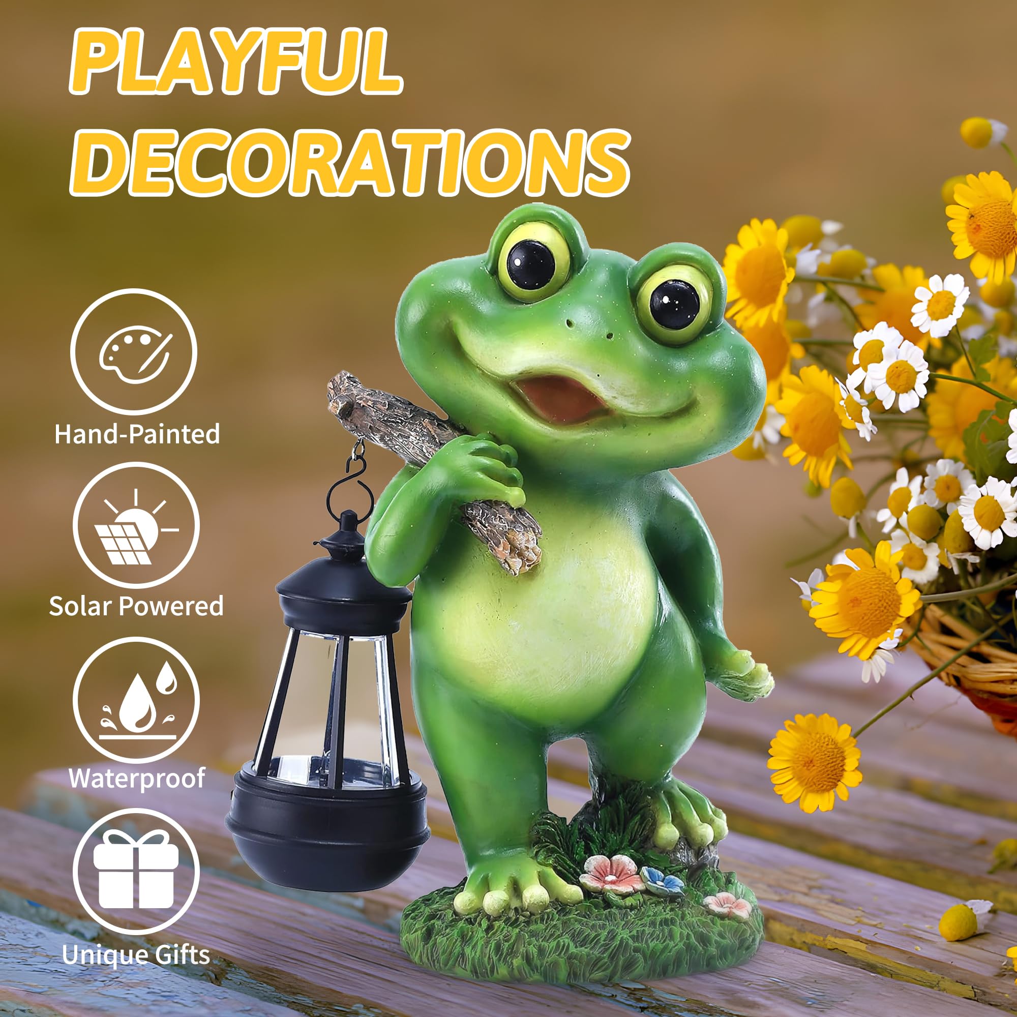CFFOWNUG Frog Garden Decor Statue with LED Lantern, 11in  Outdoor Yard Decoration, Perfect Gift for Mothers Day, Green Frog Color