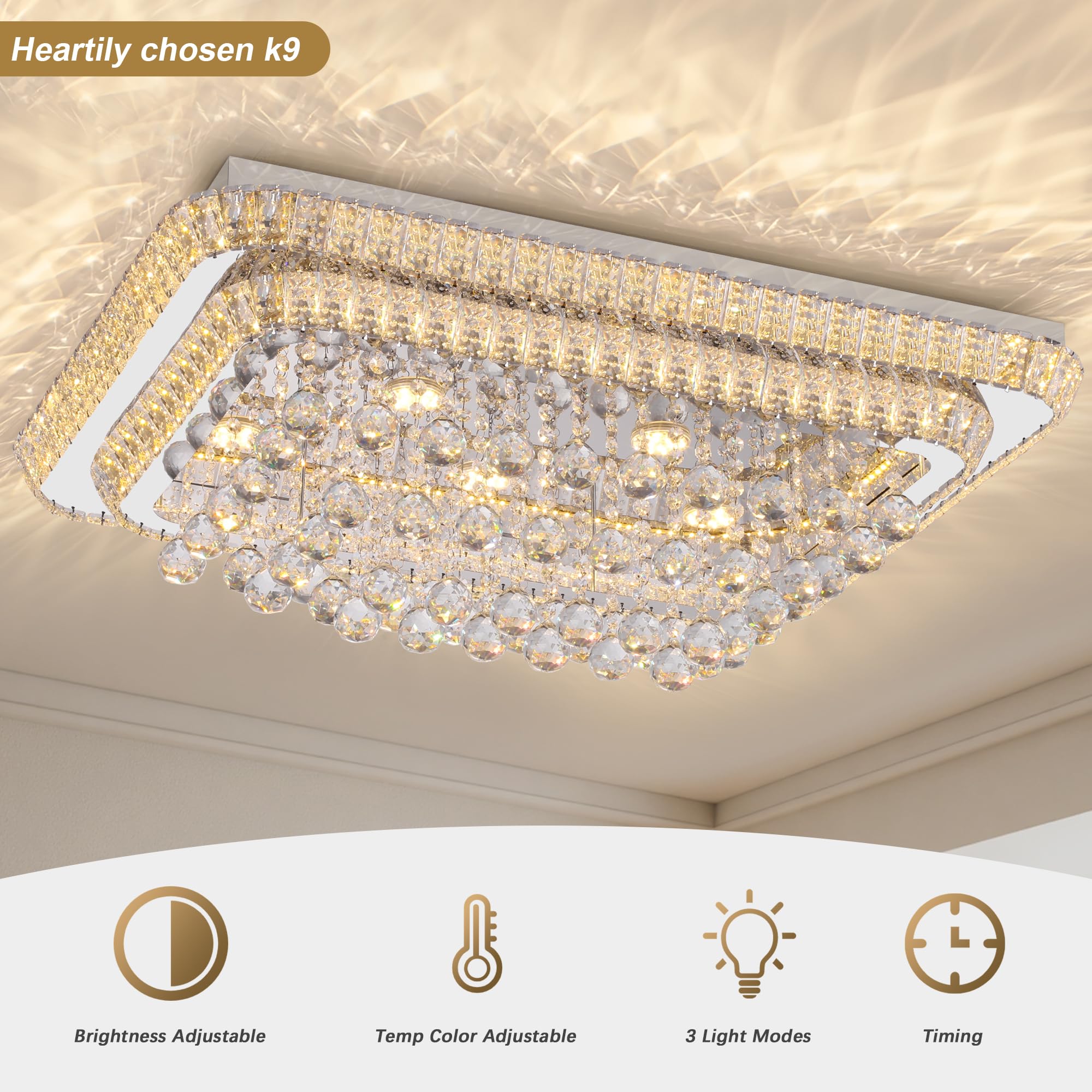 32 inch Crystal Flush Mount Chandelier, Modern Raindrop Crystal Silver Chandeliers with Remote and APP, 3 Colors Temp & Brightne