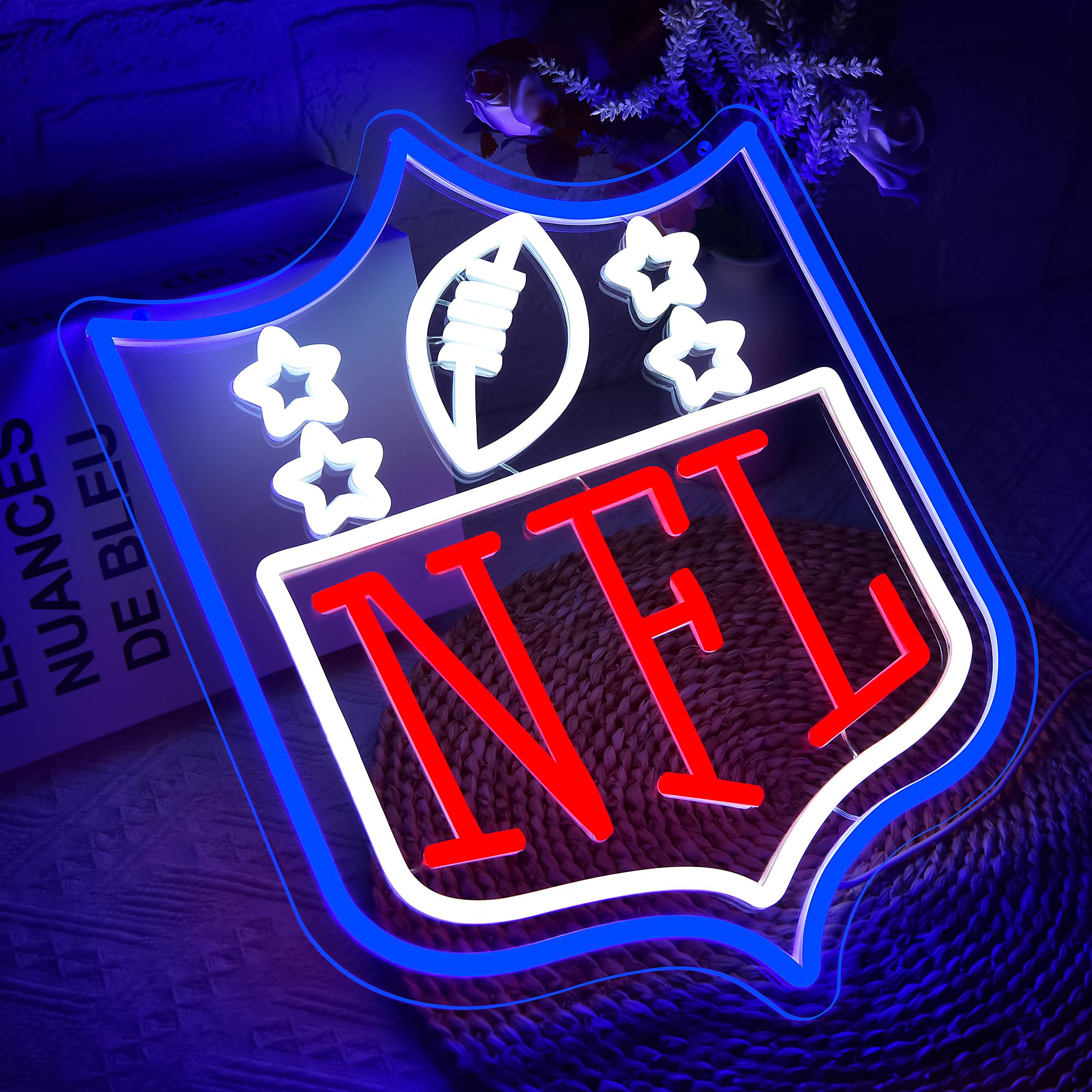 Brineon Football Neon Sign - LED Wall Decor, 15.7x11.8in, Acrylic, Blue White Red, USB Powered, Perfect for Man Cave & Rugby Fans