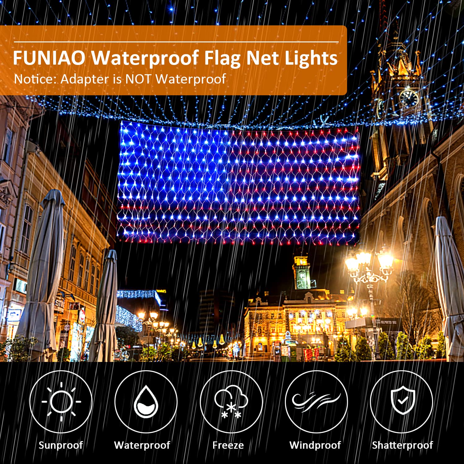Funiao (Upgraded) 2-In-1 Plug-In & Solar Powered American Flag Lights, 420 Led Flag Net Lights, Waterproof Patriotic Lights For
