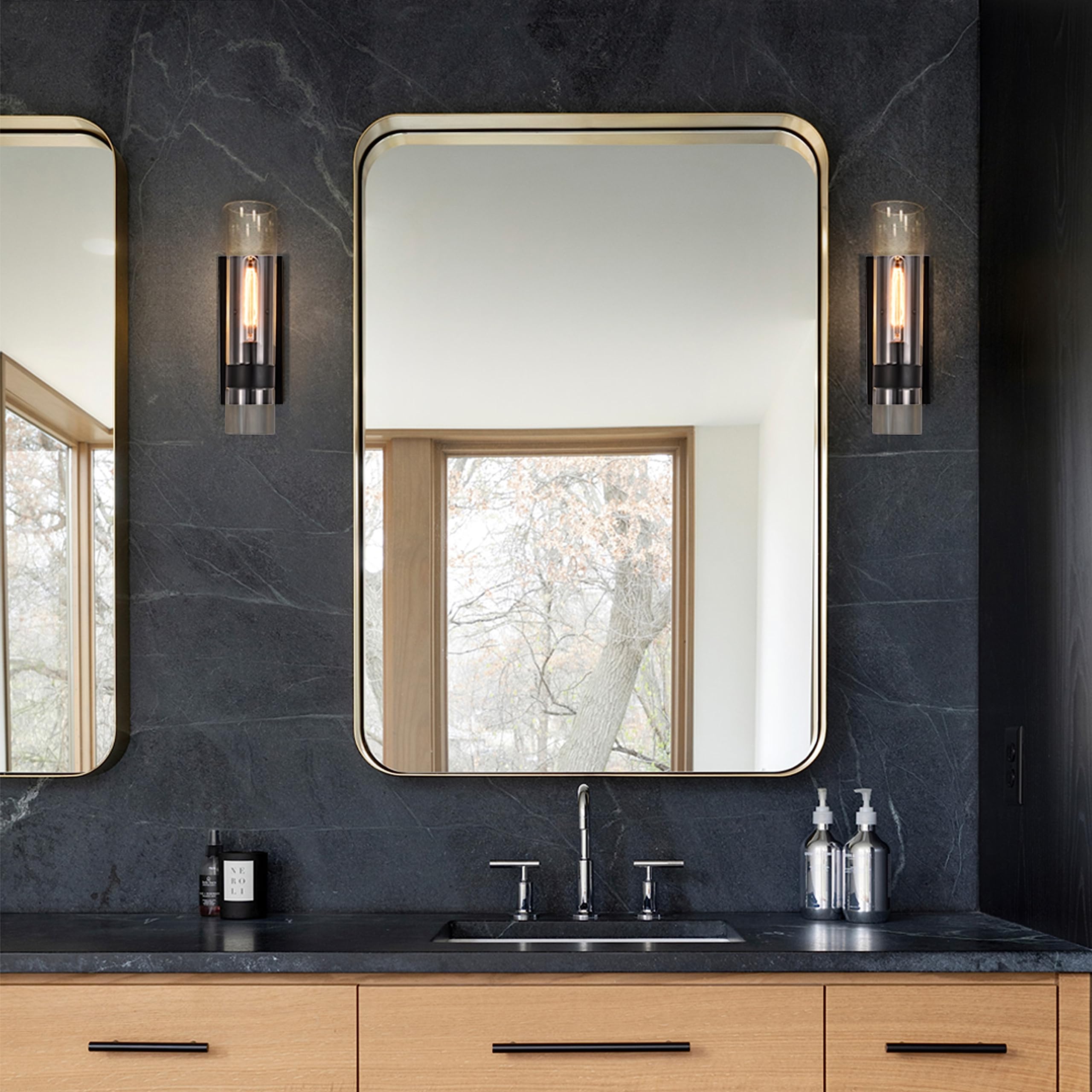 Hyperion House Modern Black Wall Sconces Set of 2, Cylinder Glass Metal Indoor Lighting Fixtures for Bathroom, Bedroom, Hallway, Kitchen
