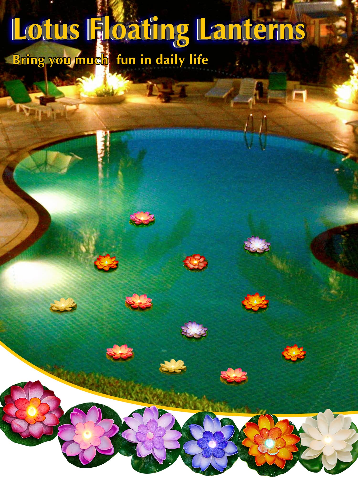 Hortsun 12 Pcs Led Lotus Floating Pool Lights - Multicolor Lily Pad Lanterns, 5.91 Inch
