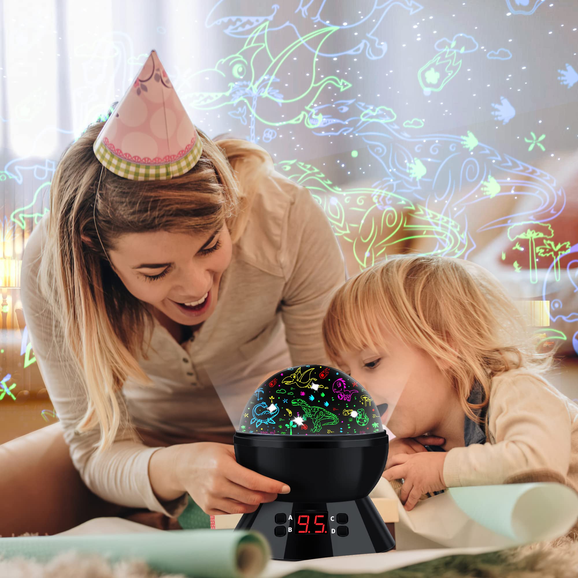 MOKOQI Dinosaur Night Light Projector for Kids, 360° Rotation, 17 Colors, Light Black-2, Model 012-1361B, Perfect for Boys' Bedroom Decor