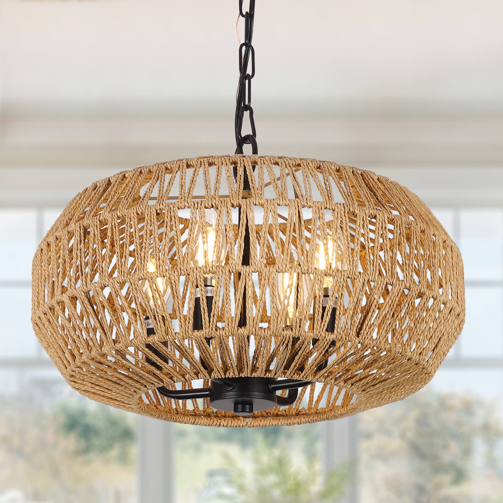 Farmhouse Rattan Pendant Lights, 15.7 4-Light Boho Chandelier Light Fixture, Wicker Hand Woven Basket Pendant Hanging for Dining