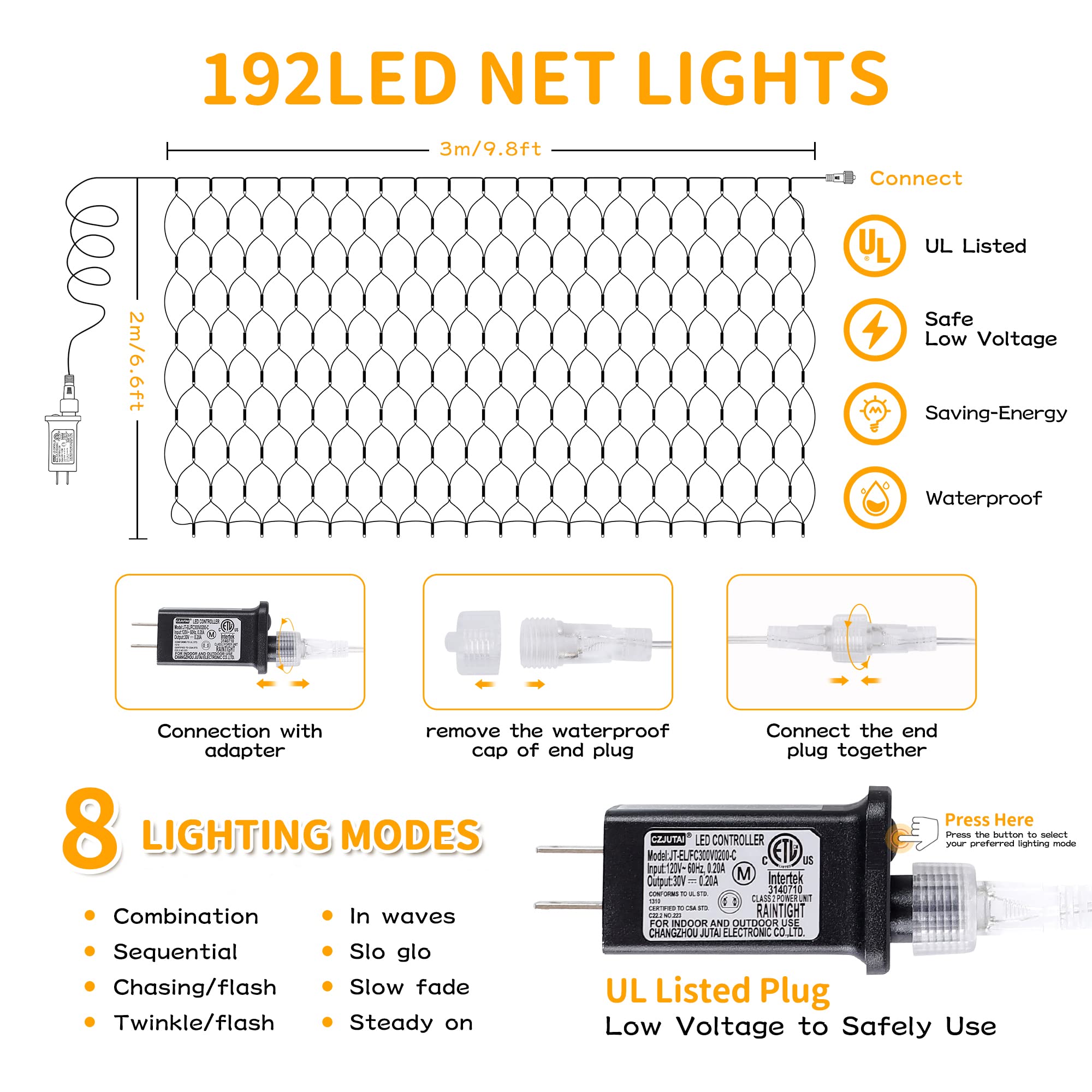 HEYFUNi 192 LED Net Lights, Waterproof Christmas Mesh Lights for Indoor/Outdoor, 9.8ft x 6.6ft, Multicolor, Model QX-U-O-N-192