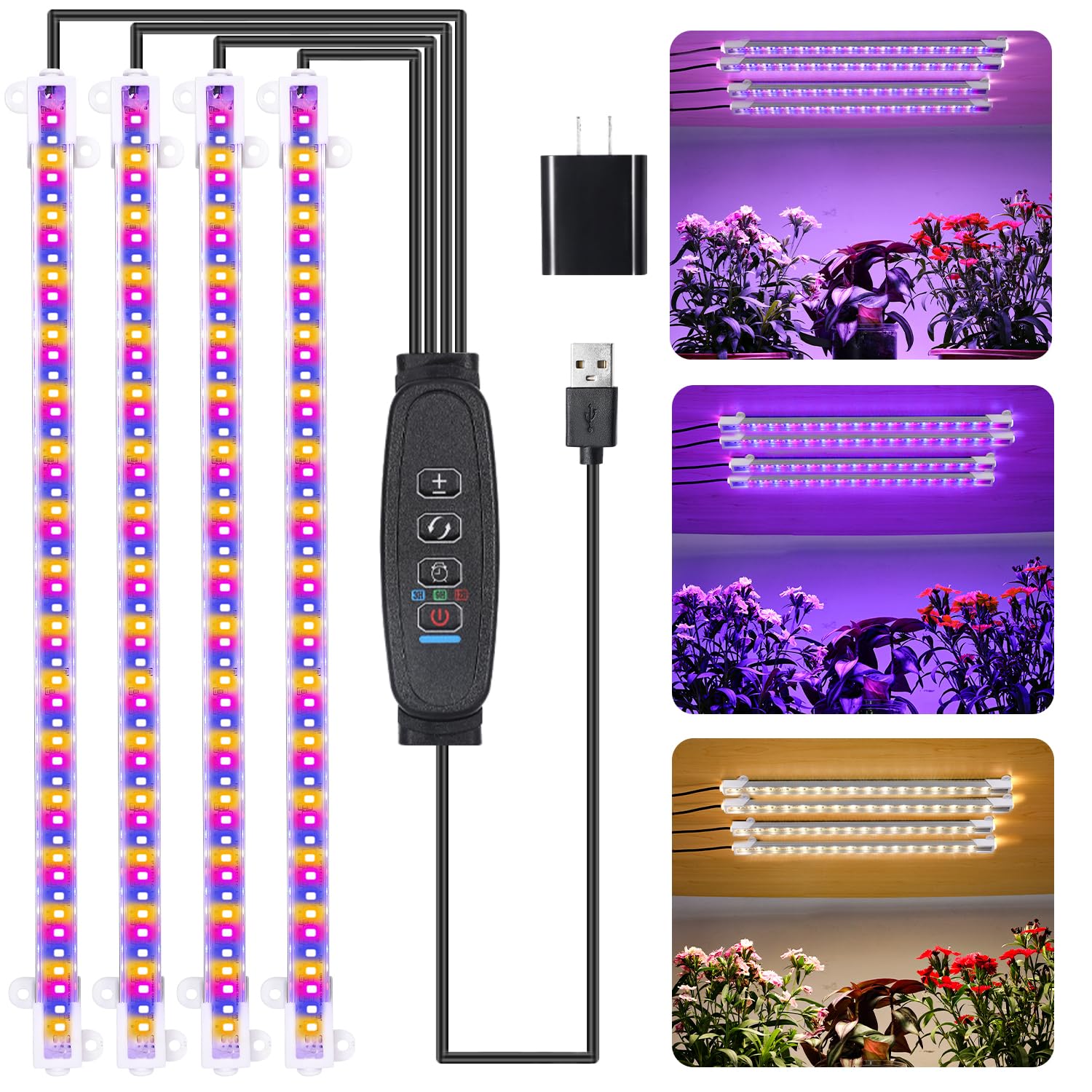 Rwntao Four Strip Growing Lamp For Indoor Plants, Red & Blue & Yellow Full Spectrum Led Grow Light Strips With Auto On/Off 3/9/12H Timer,10 Dimmable Levels For Green House Succulent (13 In)