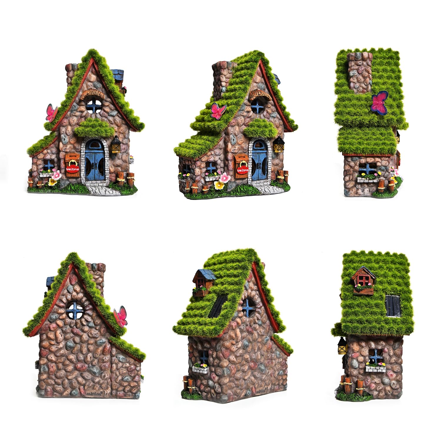 ASAWASA Fairy House Statue with Solar Lights, Resin Garden Sculpture, Double House Decor