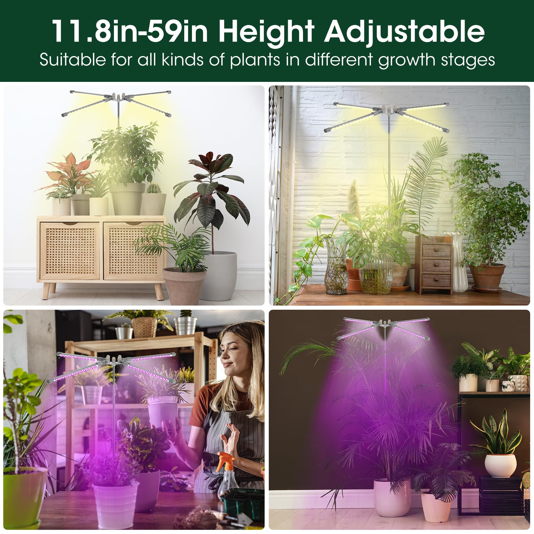 Yuymika Plant Grow Light With 4 Adjustable Light Strips- 96Led Grow Light For Indoor Plants With Full Spectrum Mode, 11.8~59 Inch Height Adjustable And 3/9/12H Timer, 5V3A Us Plug Included