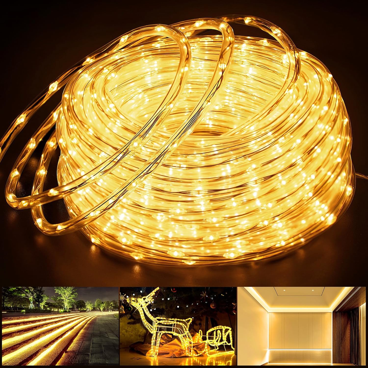 OMIKA Connectable Outdoor Rope Lights, 50ft 600 LED, Warm White, Waterproof, 8 Modes, for Camping, Garden, Patio, Deck, Tree Décor