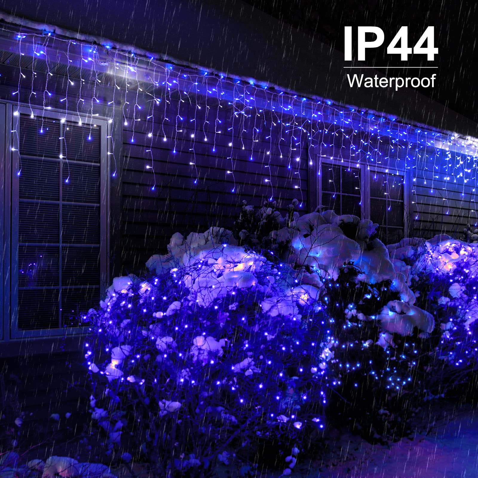 Brightown 33 FT Christmas Icicle Lights, 384 LED, Waterproof Twinkle Fairy Light, Blue & White, Model DMO-300