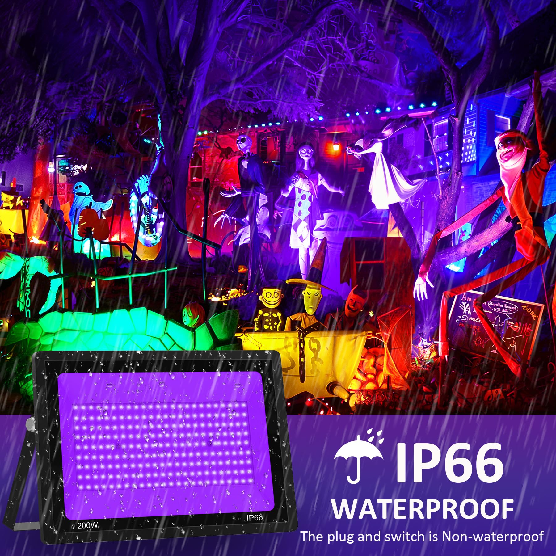 Crepow 2 Pack 200W Led Black Light, Blacklight Flood Light With Plug Switch, Ip66 Waterproof 3 Adjustable Brightness Black Light
